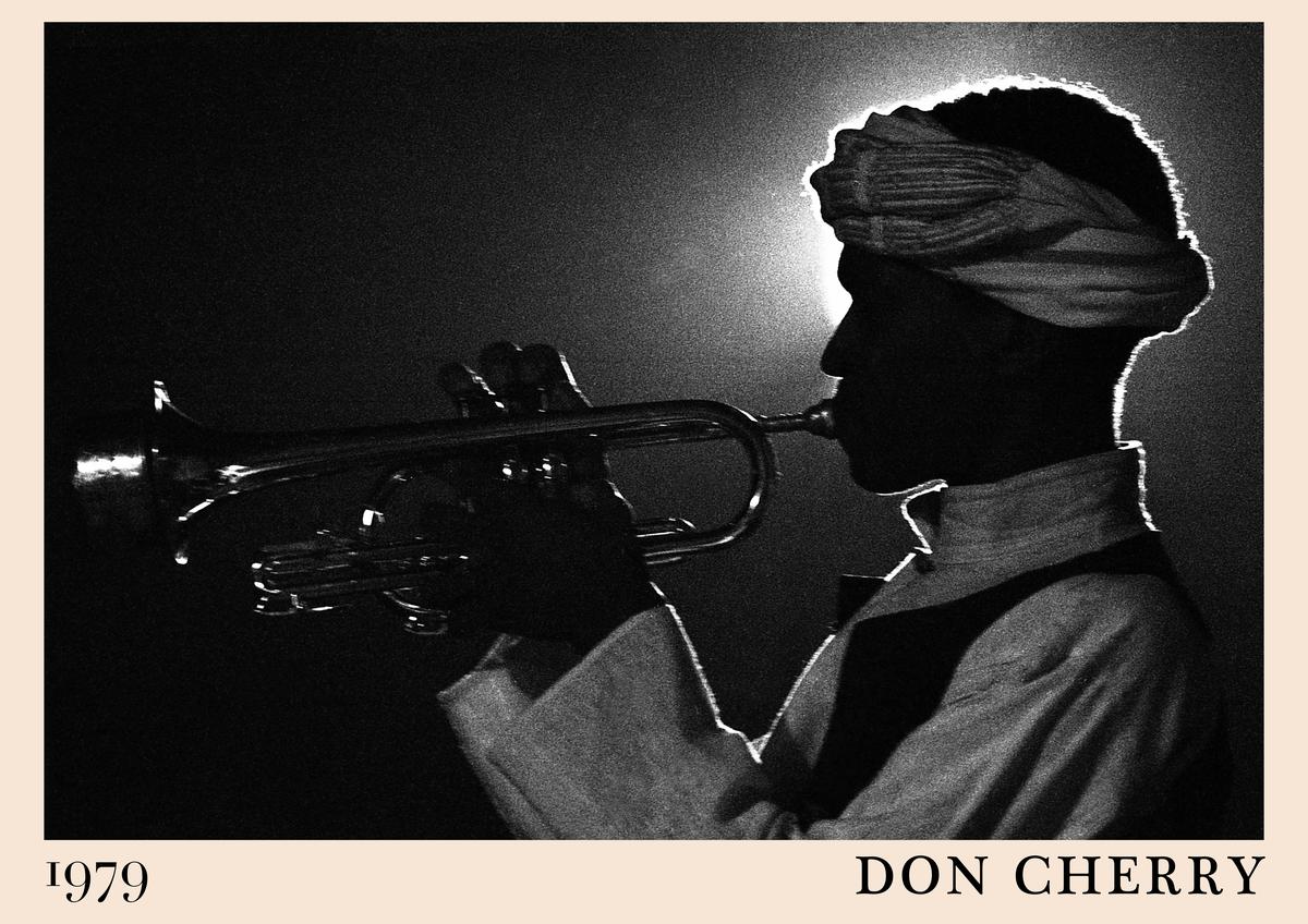 Poster featuring a black and white silhouette of Don Cherry playing trumpet, 1979 date, retro serif font, dramatic