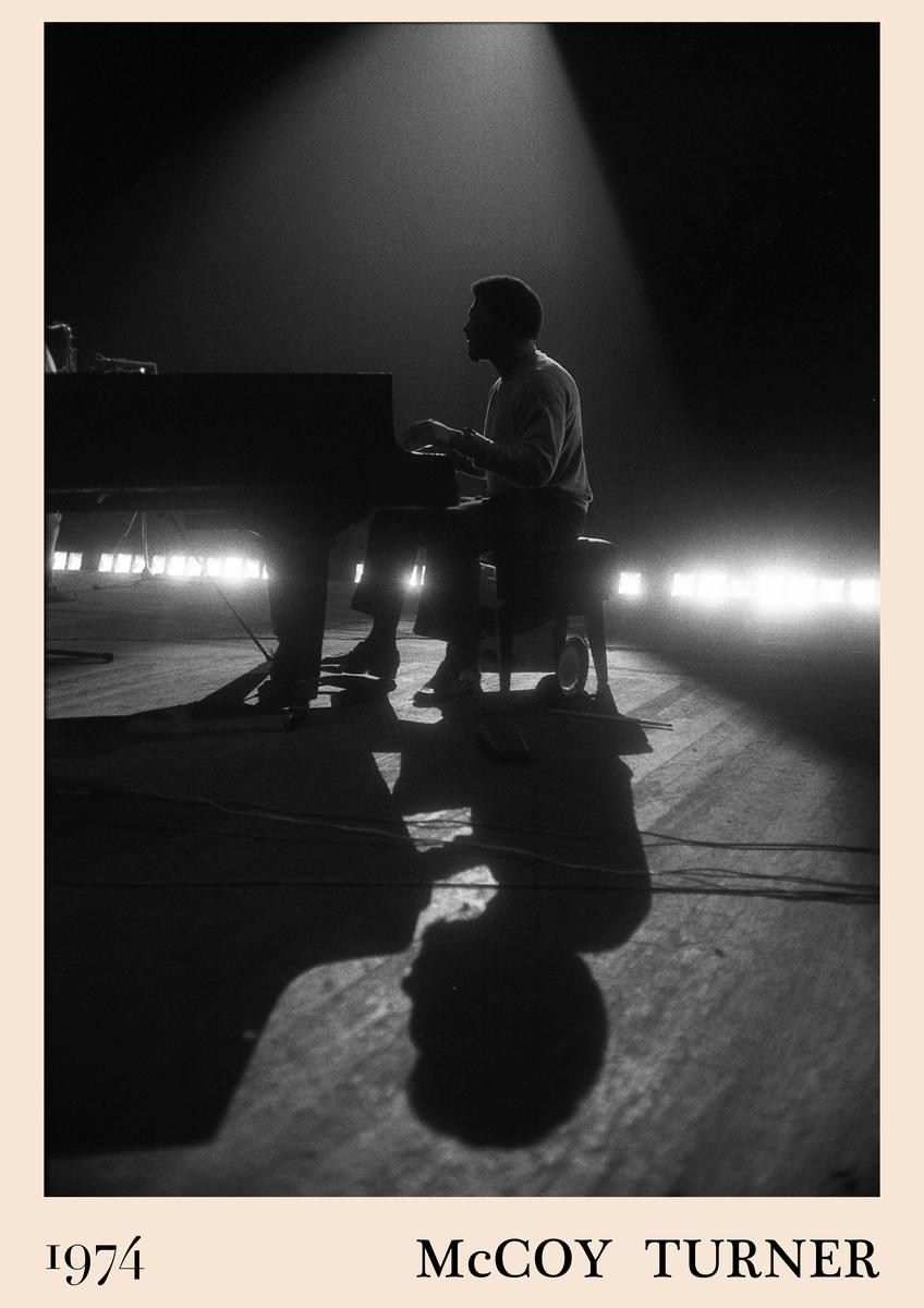 Poster of jazz pianist silhouette on stage, dramatic spotlight, McCoy Turner 1974, retro black and white design, perfect for