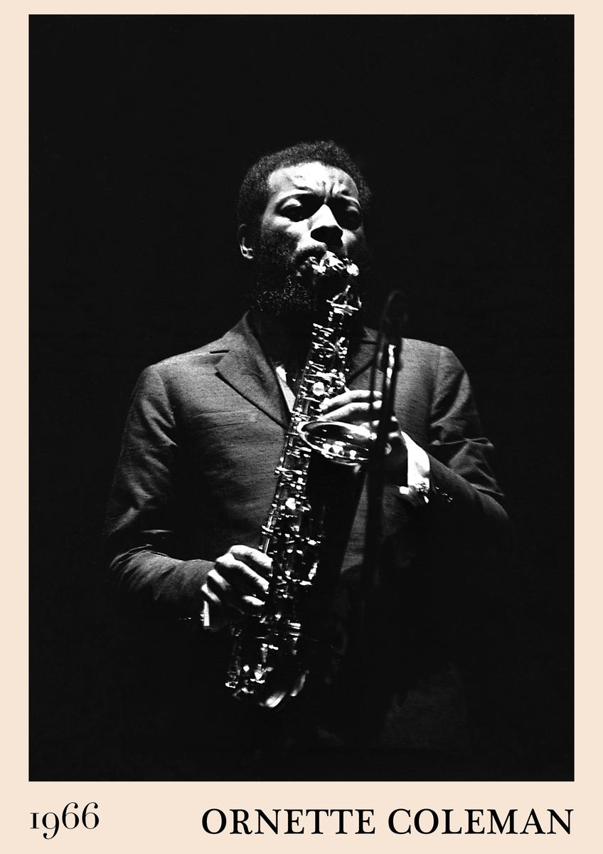 Poster of Ornette Coleman playing saxophone in a dark suit, black and white 1966 jazz concert photo, vintage retro wall art
