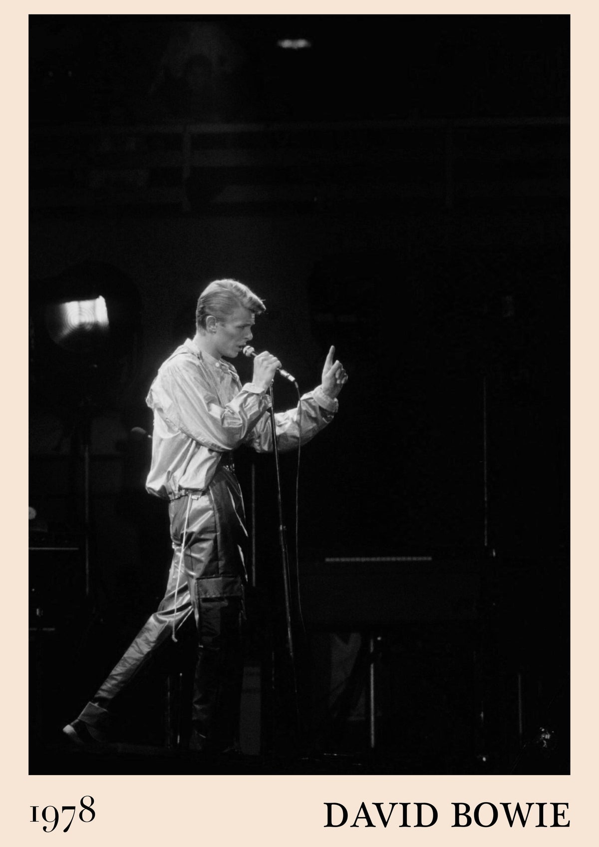 Black and white photo of David Bowie singing into a microphone on stage, with 1978 and David Bowie printed below.