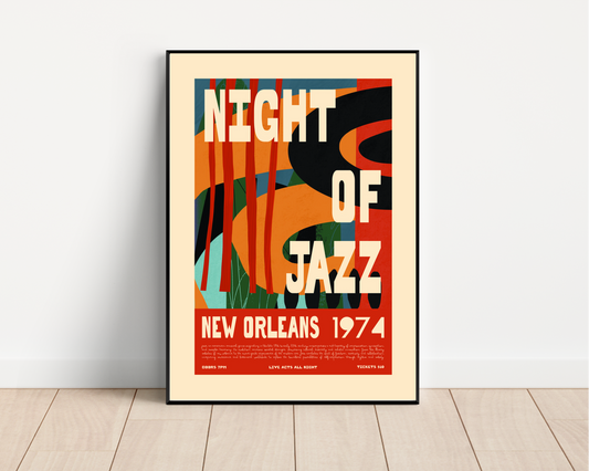 Retro Night of Jazz New Orleans 1974 Poster – Abstract Vintage Wall Art Print - Mockup