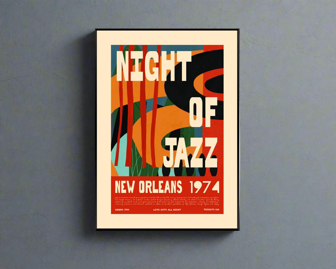 Framed poster with 'Night of Jazz New Orleans 1974' text on a gray wall