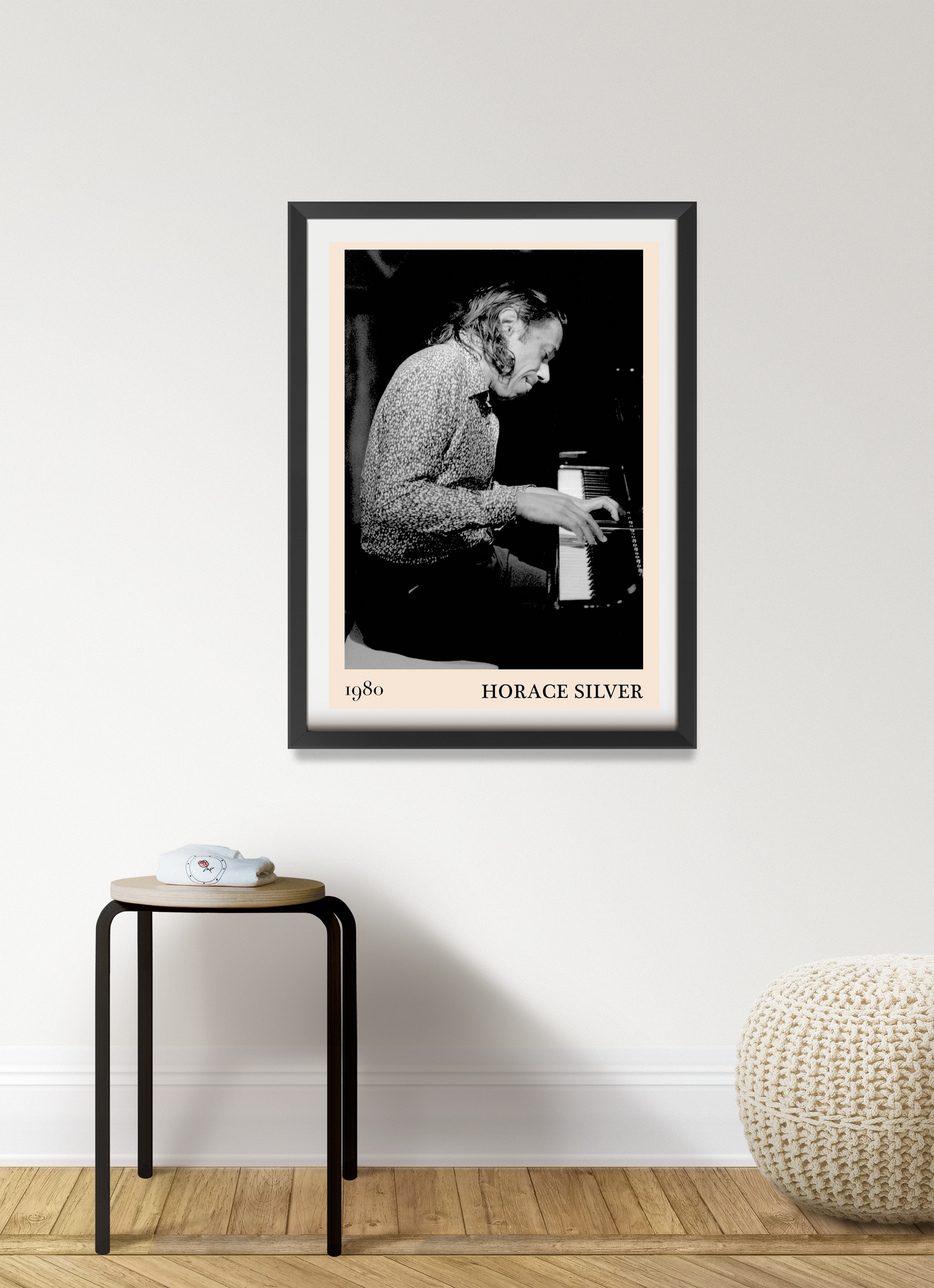 Horace Silver Classic Jazz Print in portrait 7 mount, black and white photo framed on modern wall above wooden stool.