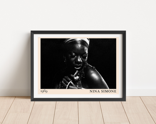 Nina Simone Jazz Concert Poster in landscape mount mockup, black and white portrait design framed on wood floor.