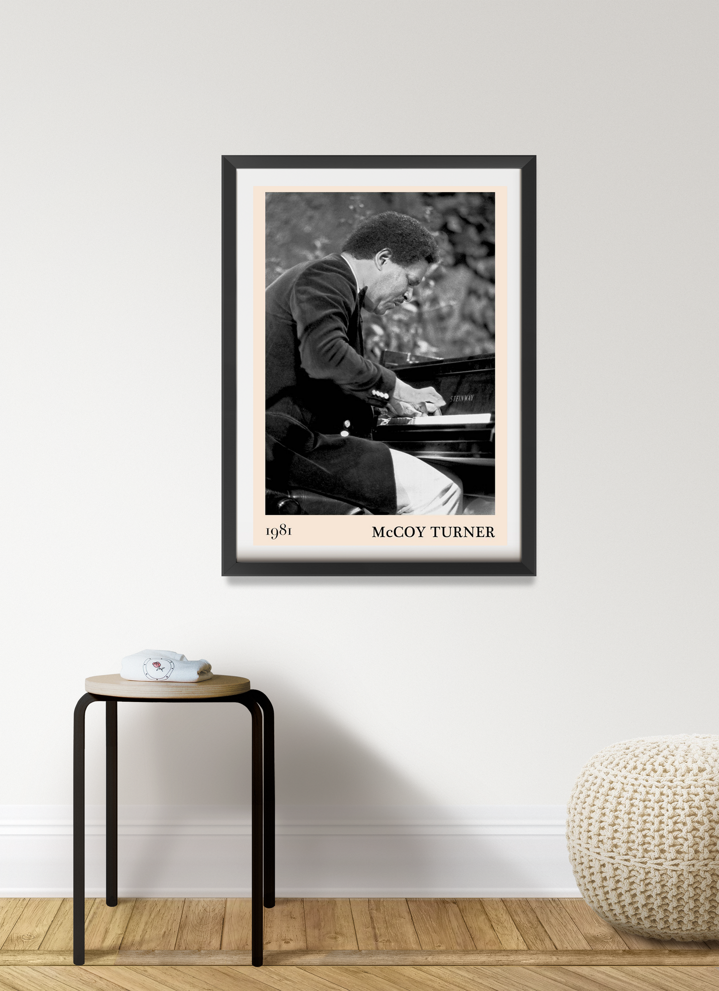 McCoy Turner Jazz Piano Print in portrait 7 mount, black and white pianist artwork framed on modern living room wall.