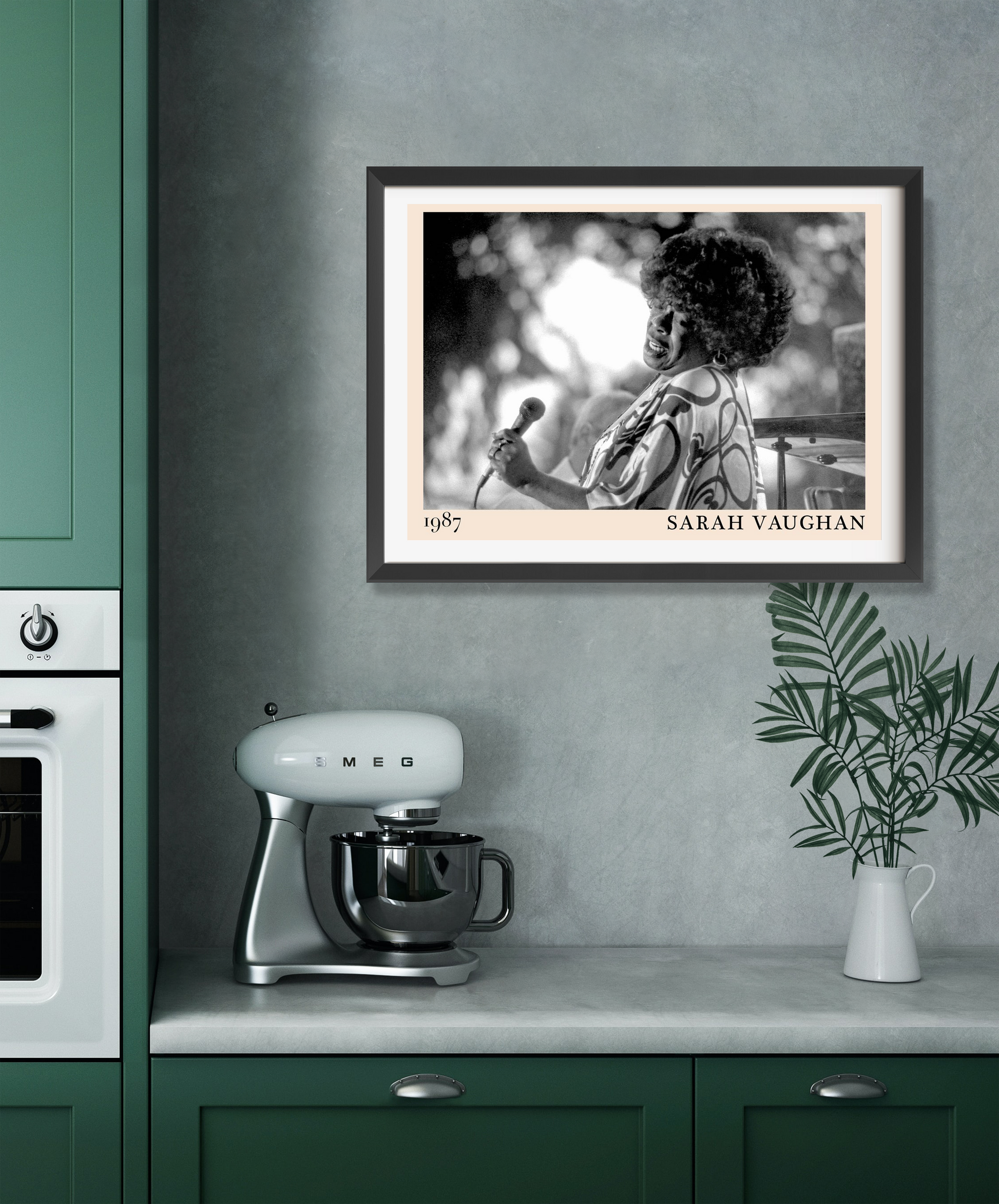 Sarah Vaughan Jazz Poster in landscape mount mockup, black and white design framed above modern green kitchen counter.