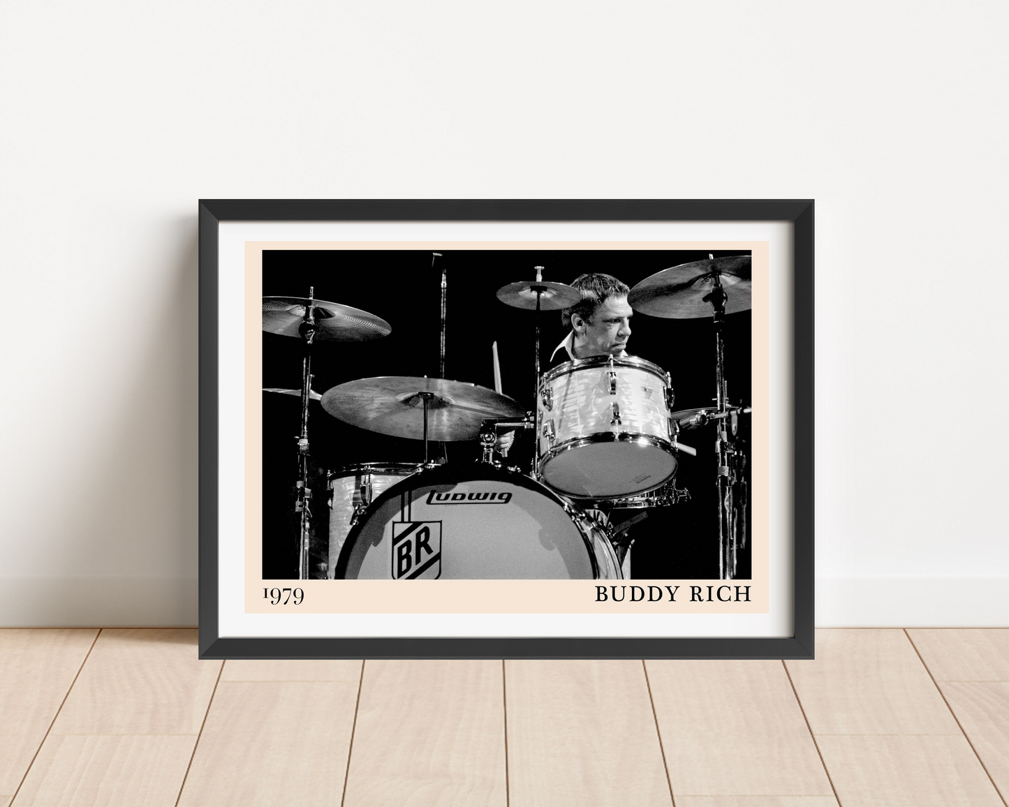 Buddy Rich Jazz Concert Print in landscape frame mockup, black and white drum photo, modern mount, set on wood floor