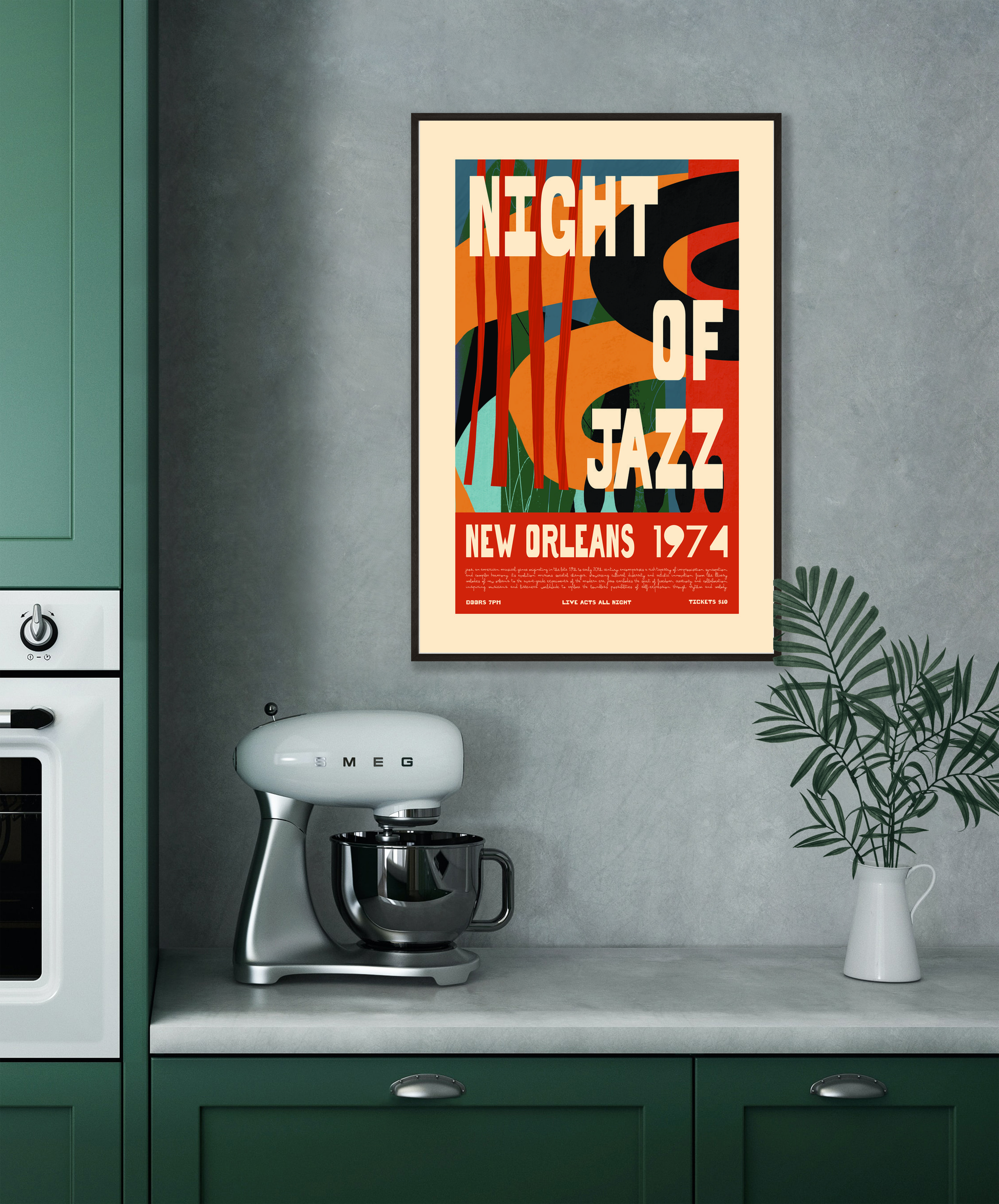 Retro Night of Jazz New Orleans 1974 Poster – Abstract Vintage Wall Art Print - Mockup