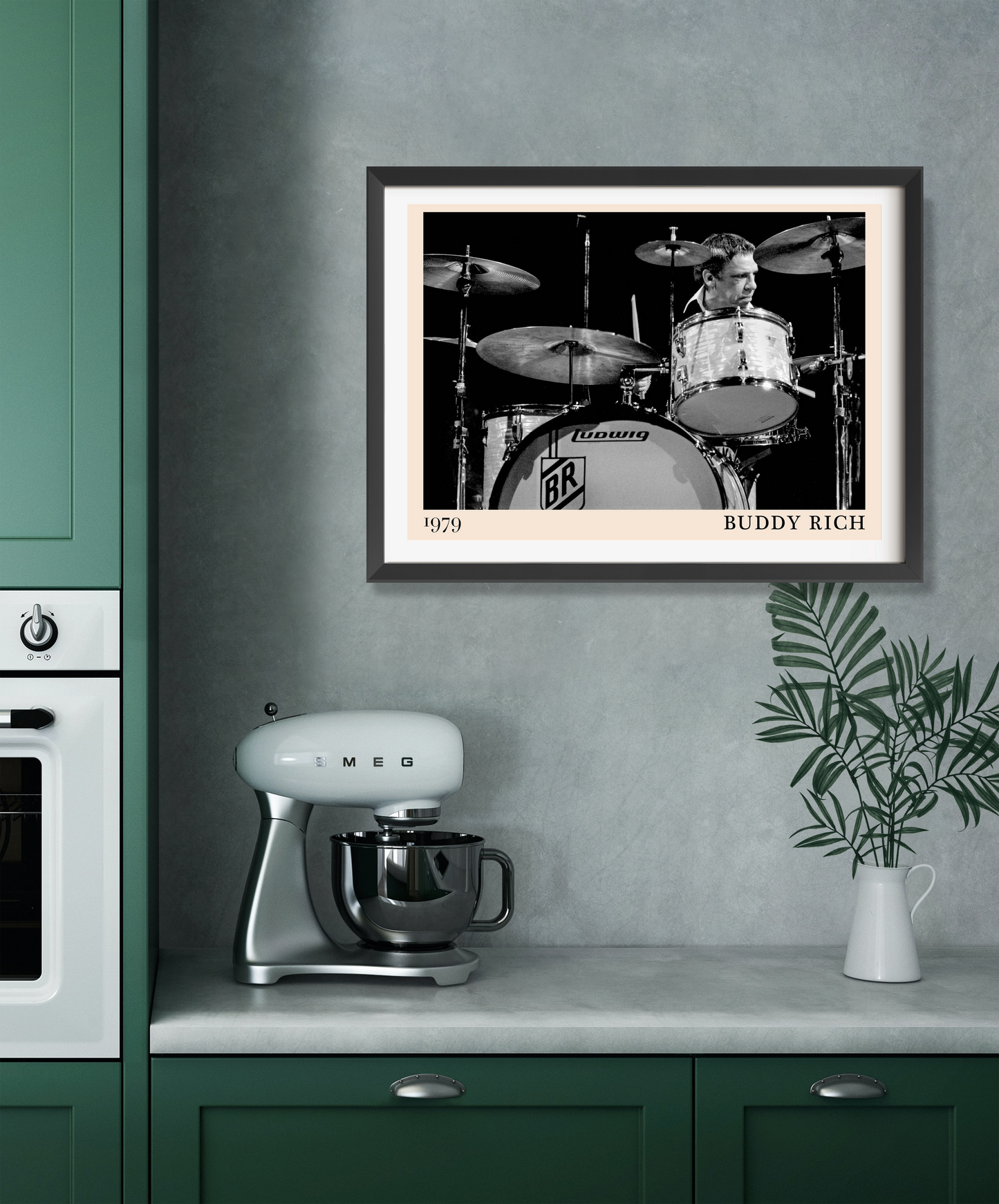 Buddy Rich Jazz Concert Print in a landscape 22 mount, black and white drum set artwork framed above a modern kitchen counter
