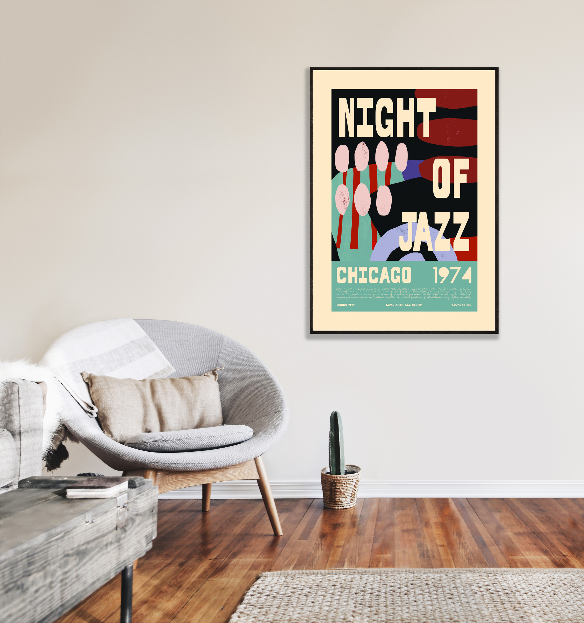 Vintage Jazz Poster – Night of Jazz Chicago 1974 Retro Wall Art Print - Mockup