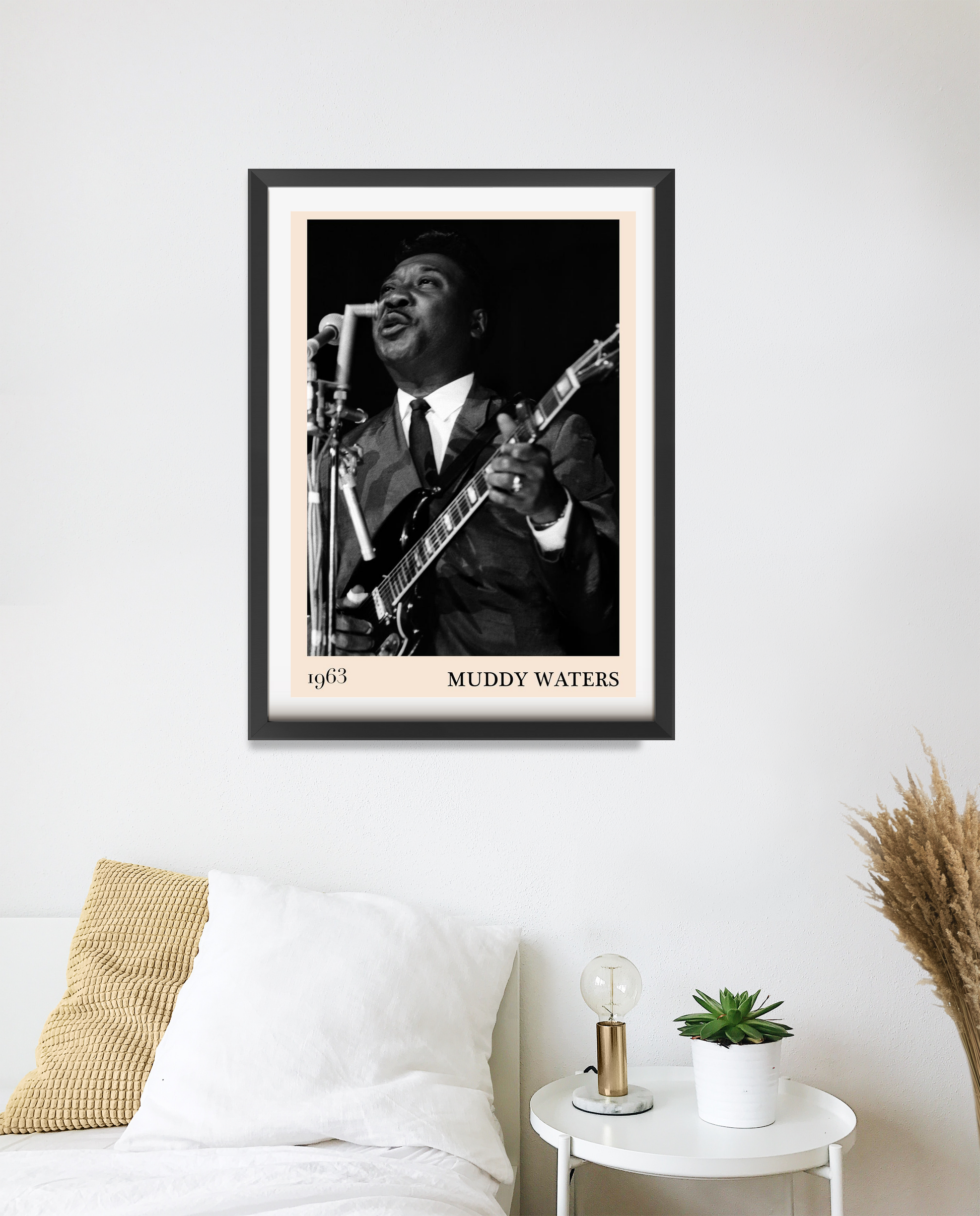 Muddy Water Blues Concert Poster in portrait 20 mount mockup above a modern bed, featuring vintage black and white design.