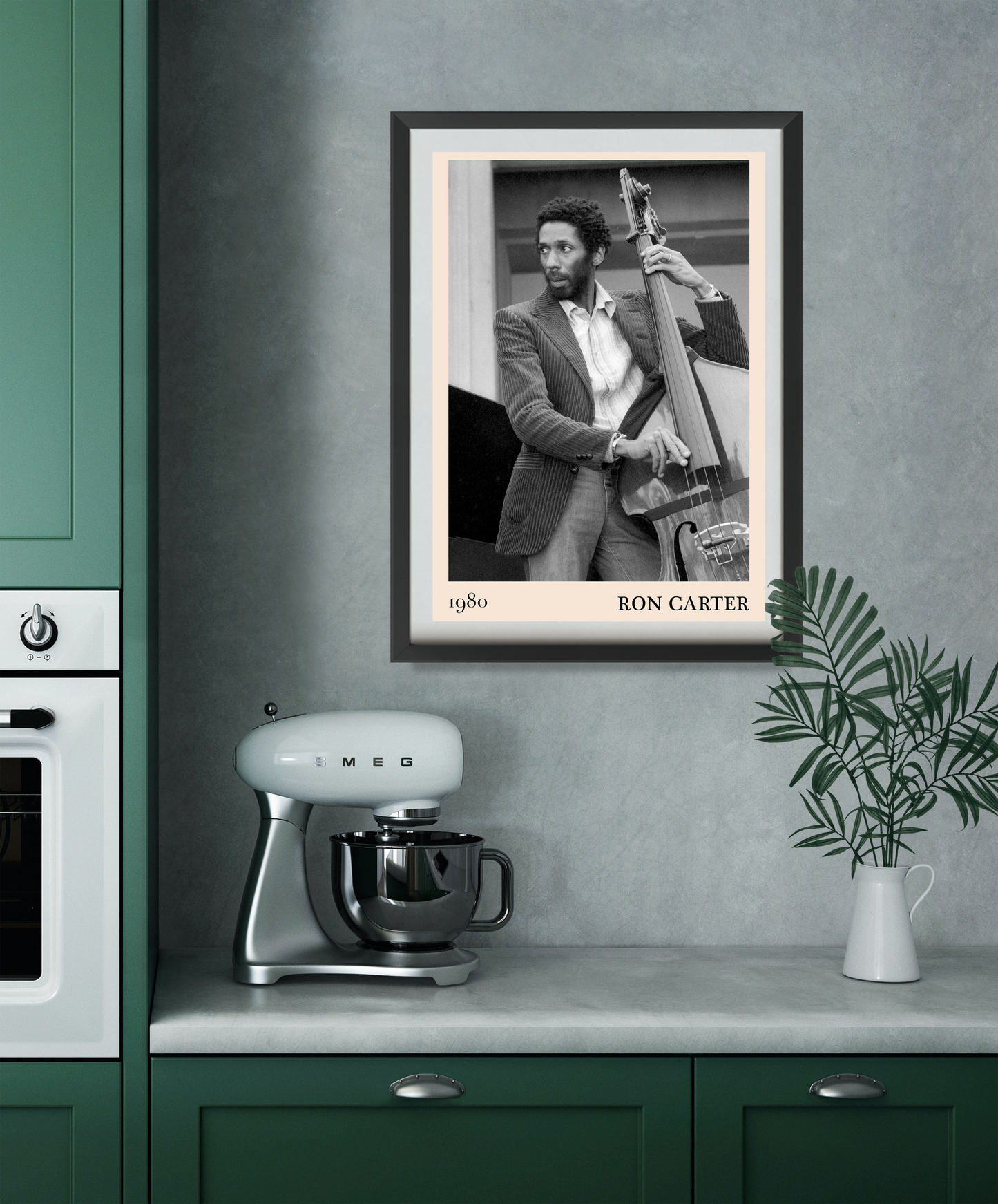 Ron Carter Cool Jazz Print in portrait 22 mount mockup, black and white jazz musician artwork framed in modern kitchen settin