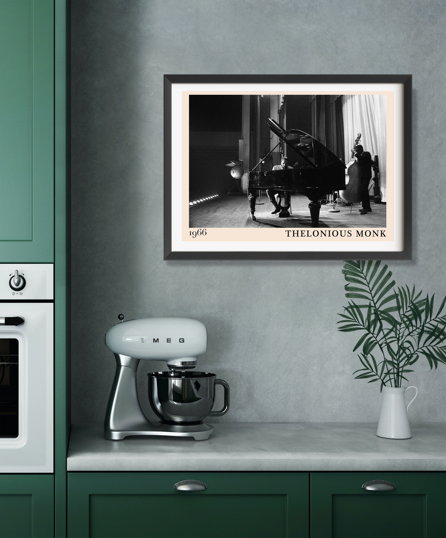 Thelonious Monk vintage jazz poster in landscape 22 mount mockup, black and white piano scene above green kitchen counter.