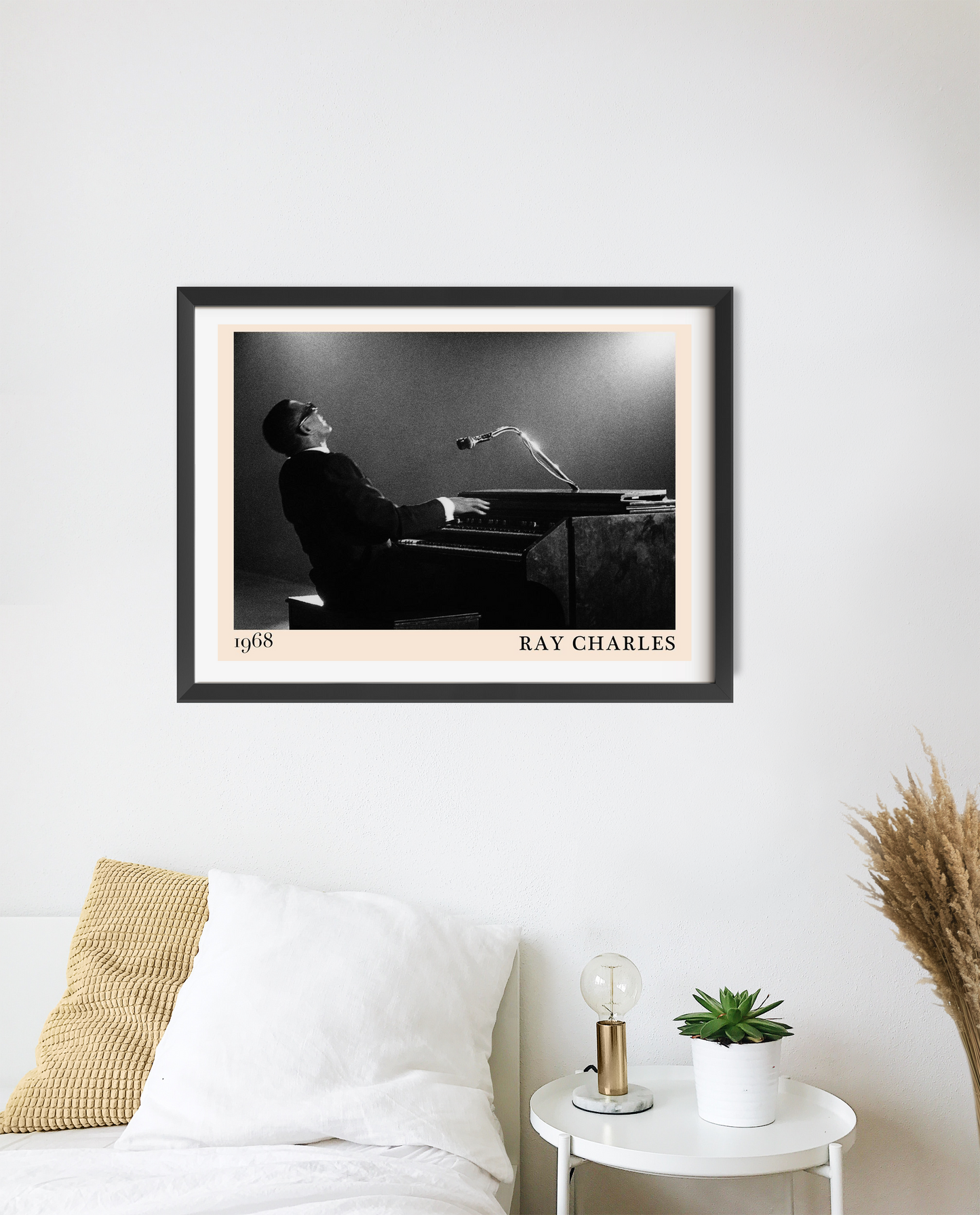 Ray Charles Iconic Jazz Concert Poster in landscape 20 mount mockup, black and white design above modern bedroom decor.