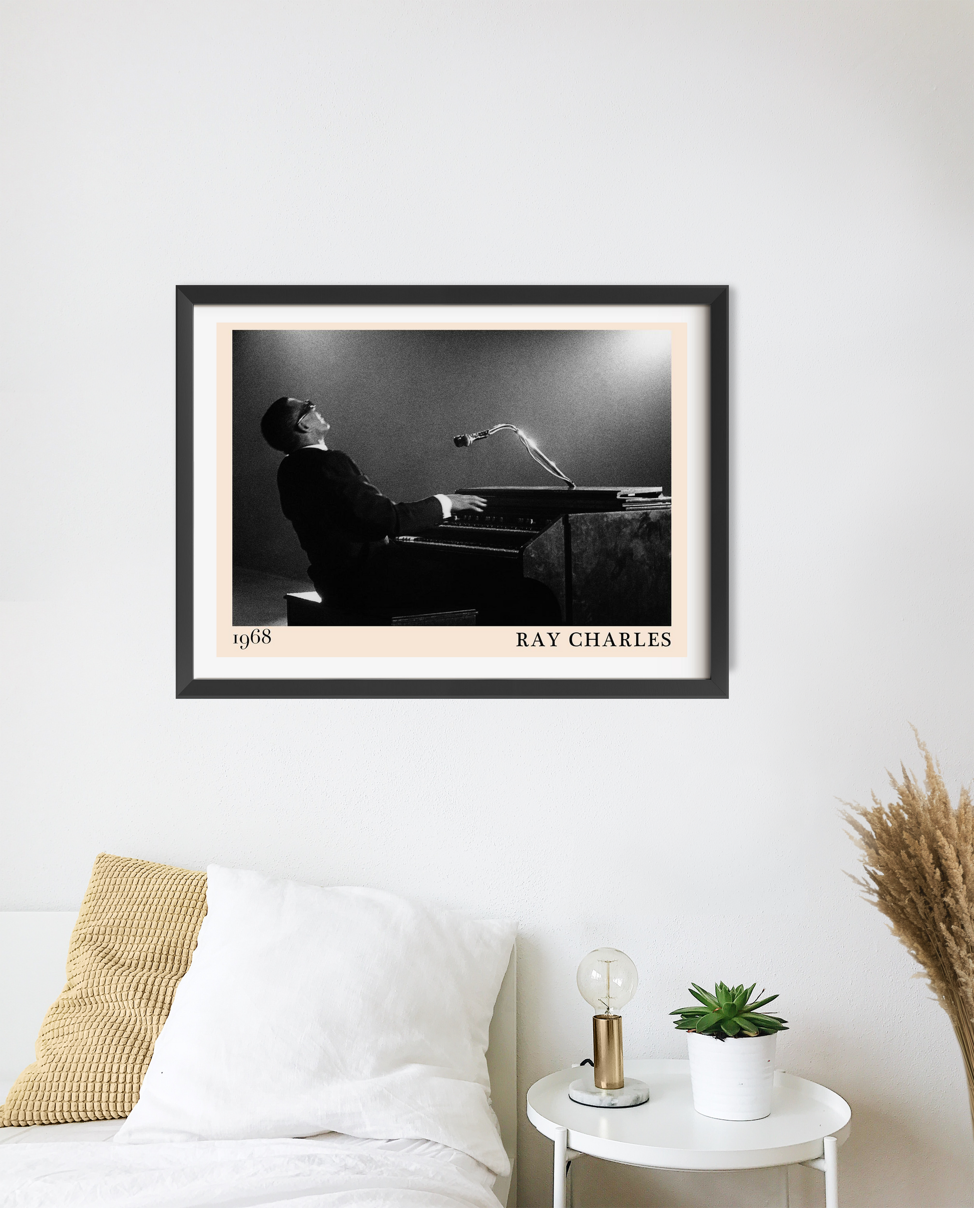 Ray Charles Iconic Jazz Concert Poster in landscape 20 mount mockup, black and white design above modern bedroom decor.