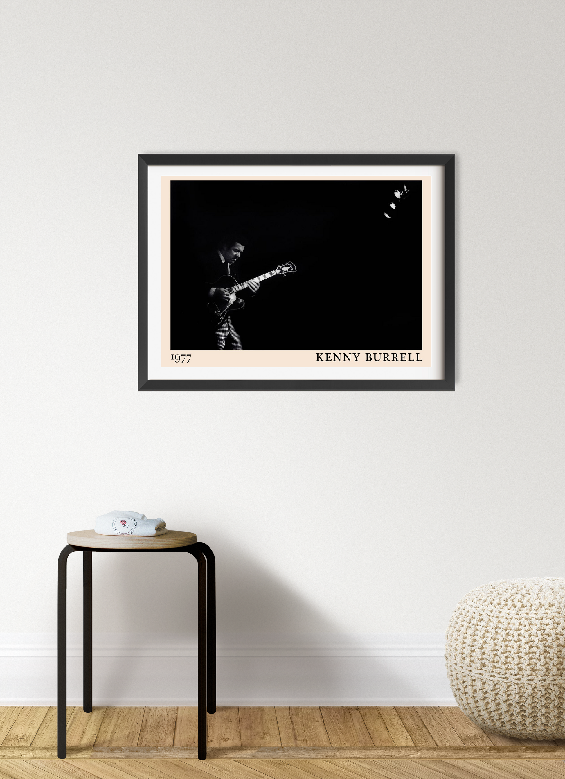 Kenny Burrell Jazz Concert Poster in landscape frame mockup, black and white guitarist design, modern wall decor setting