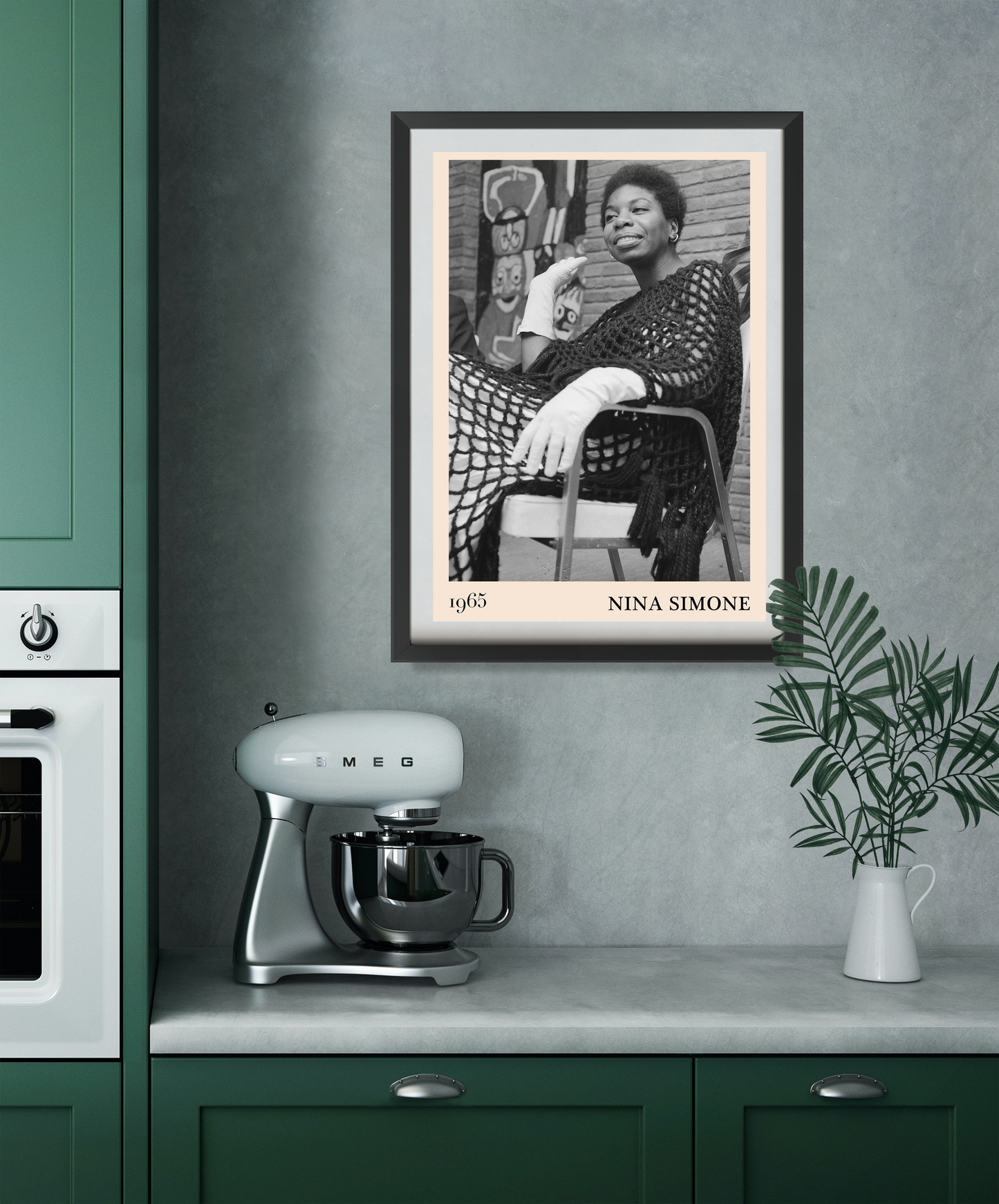 Nina Simone Jazz Print , black and white art framed above modern kitchen counter and mixer.