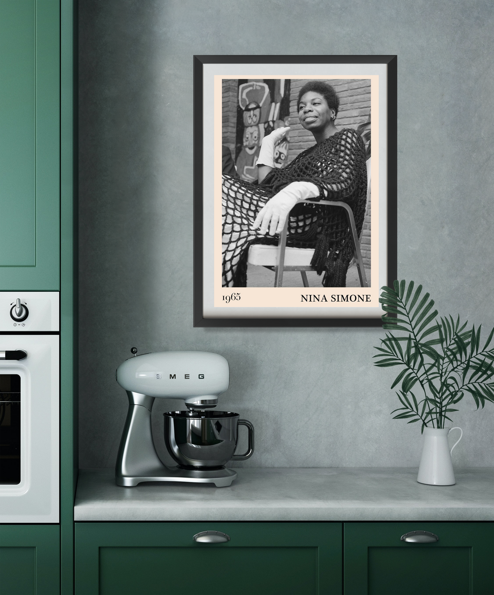 Nina Simone Jazz Print , black and white art framed above modern kitchen counter and mixer.