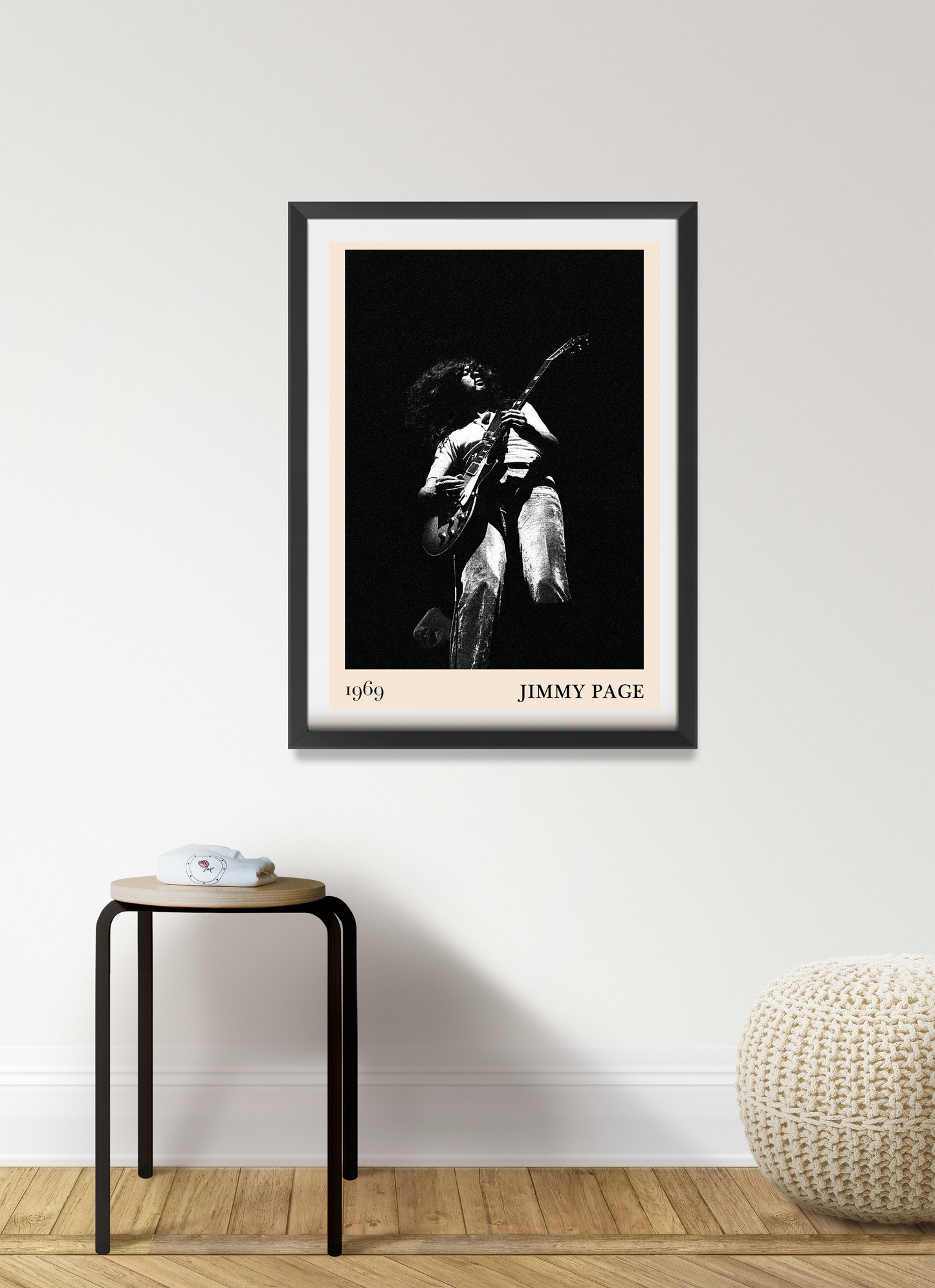 Jimmy Page Retro Rock Concert Poster in portrait 7 mount mockup, black frame, minimalist room, vintage 1969 guitar design