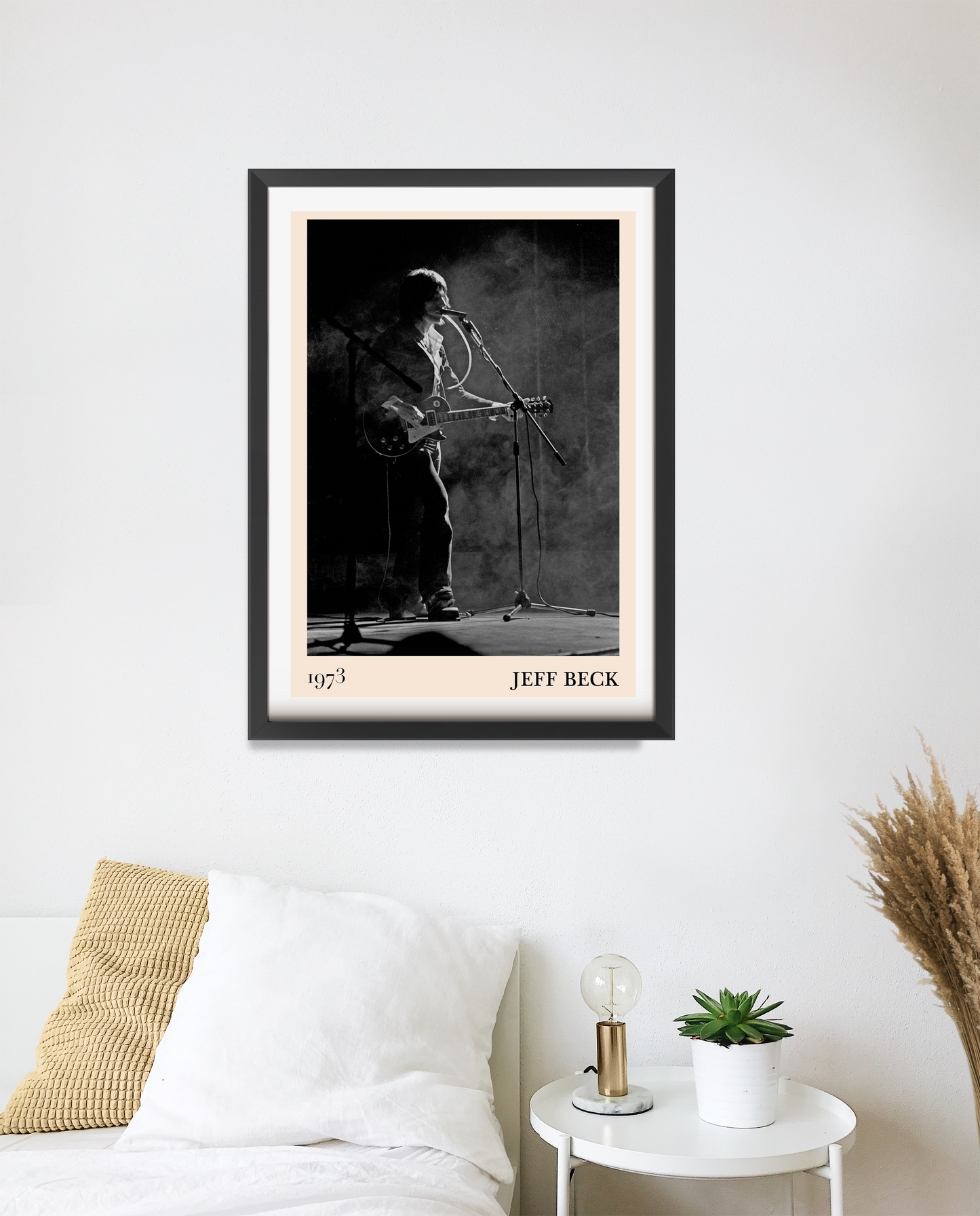Jeff Beck Rock Concert Poster in portrait 20 mount mockup above white bed, featuring black and white live guitar photo.