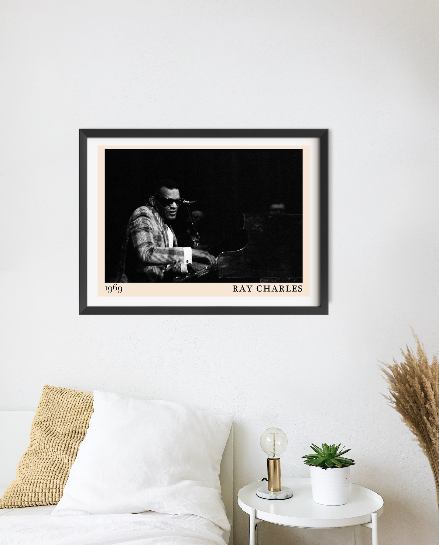 Ray Charles Jazz Concert Poster in landscape 20 mount mockup, black and white design above modern white bedroom setting