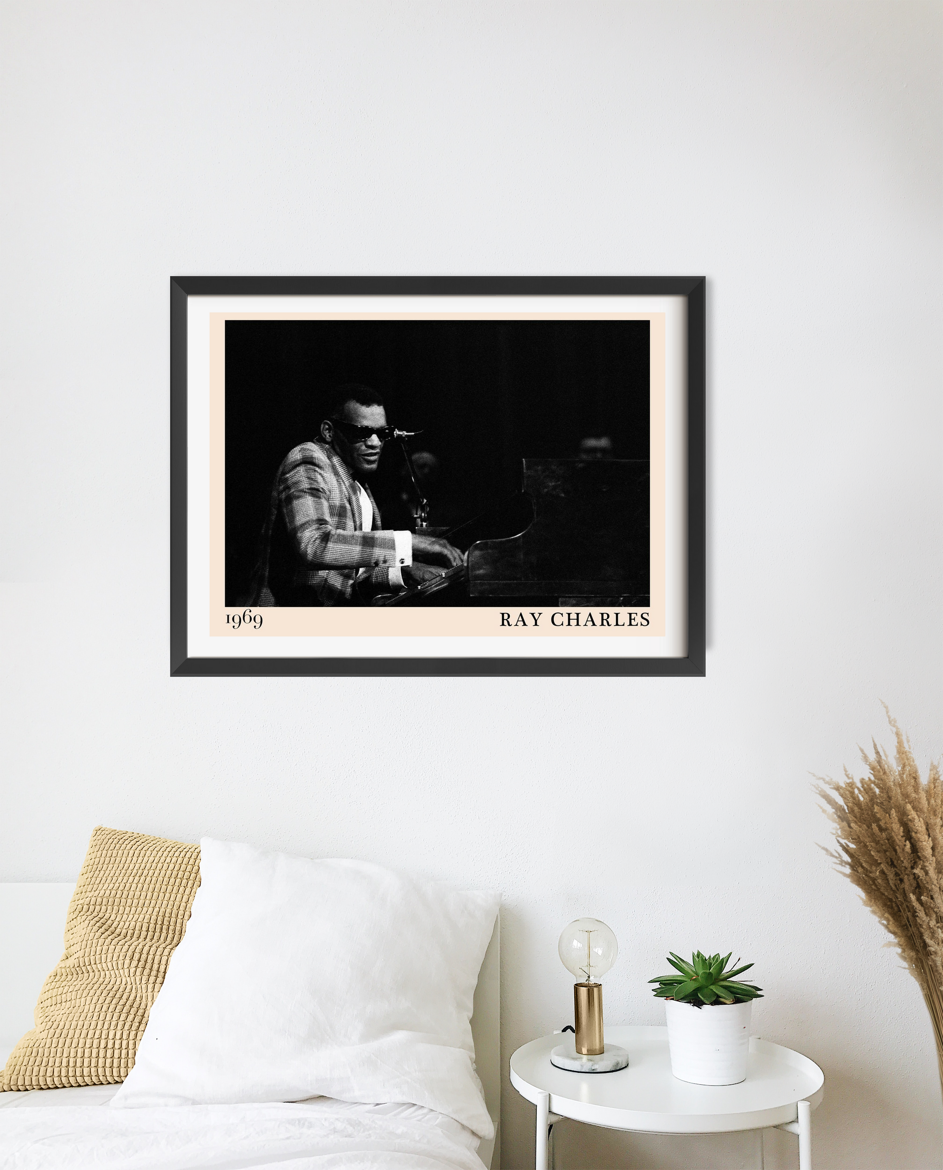 Ray Charles Jazz Concert Poster in landscape 20 mount mockup, black and white design above modern white bedroom setting