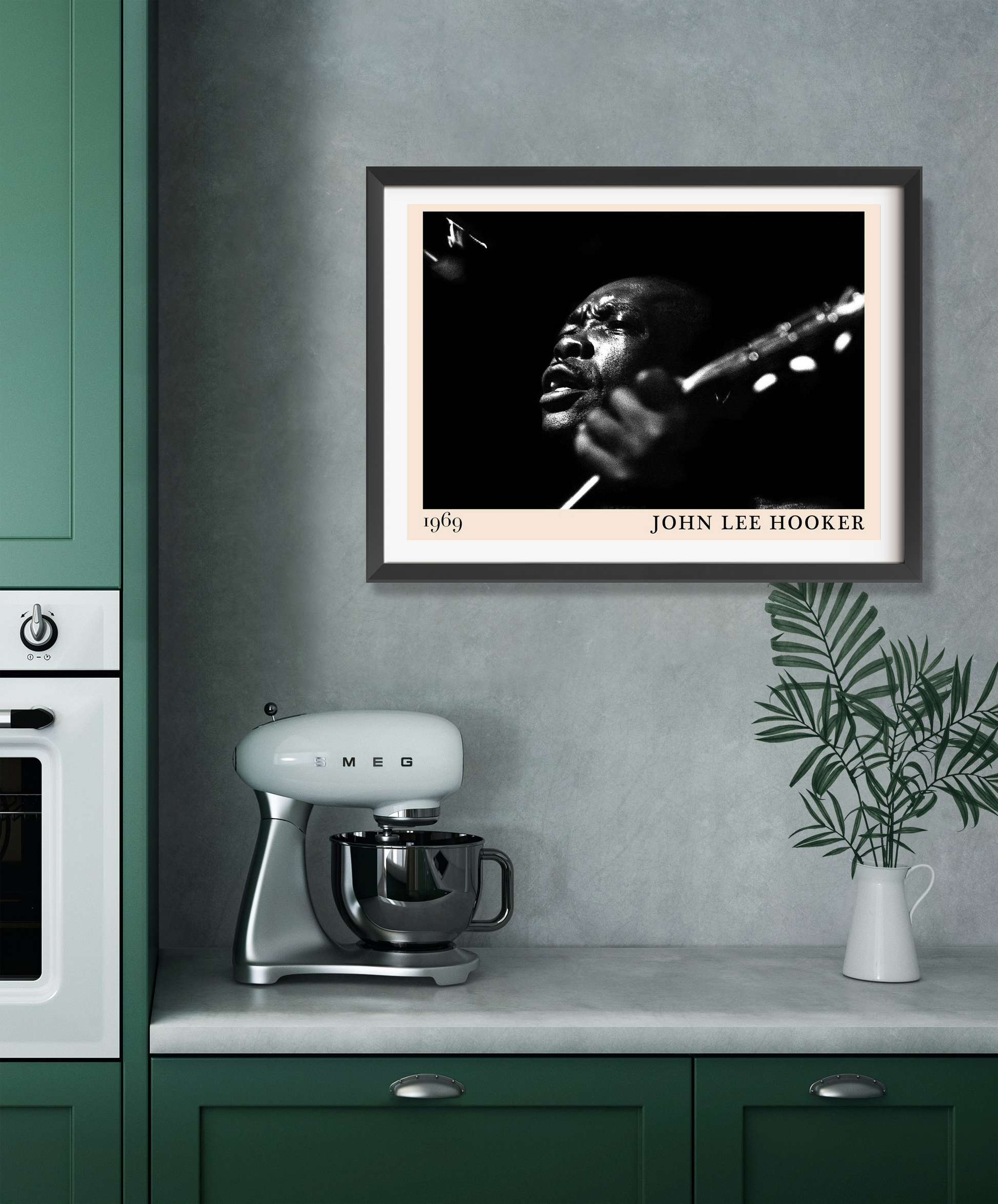 John Lee Hooker Retro Blues Poster in landscape mount, black and white design above kitchen counter with mixer and plant.