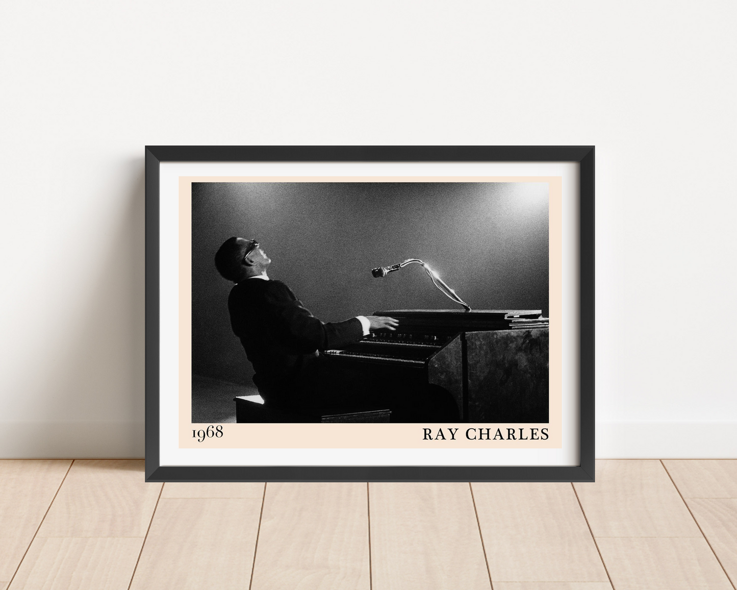 Ray Charles Iconic Jazz Concert Poster in landscape mount mockup, framed print on wood floor, black and white piano scene