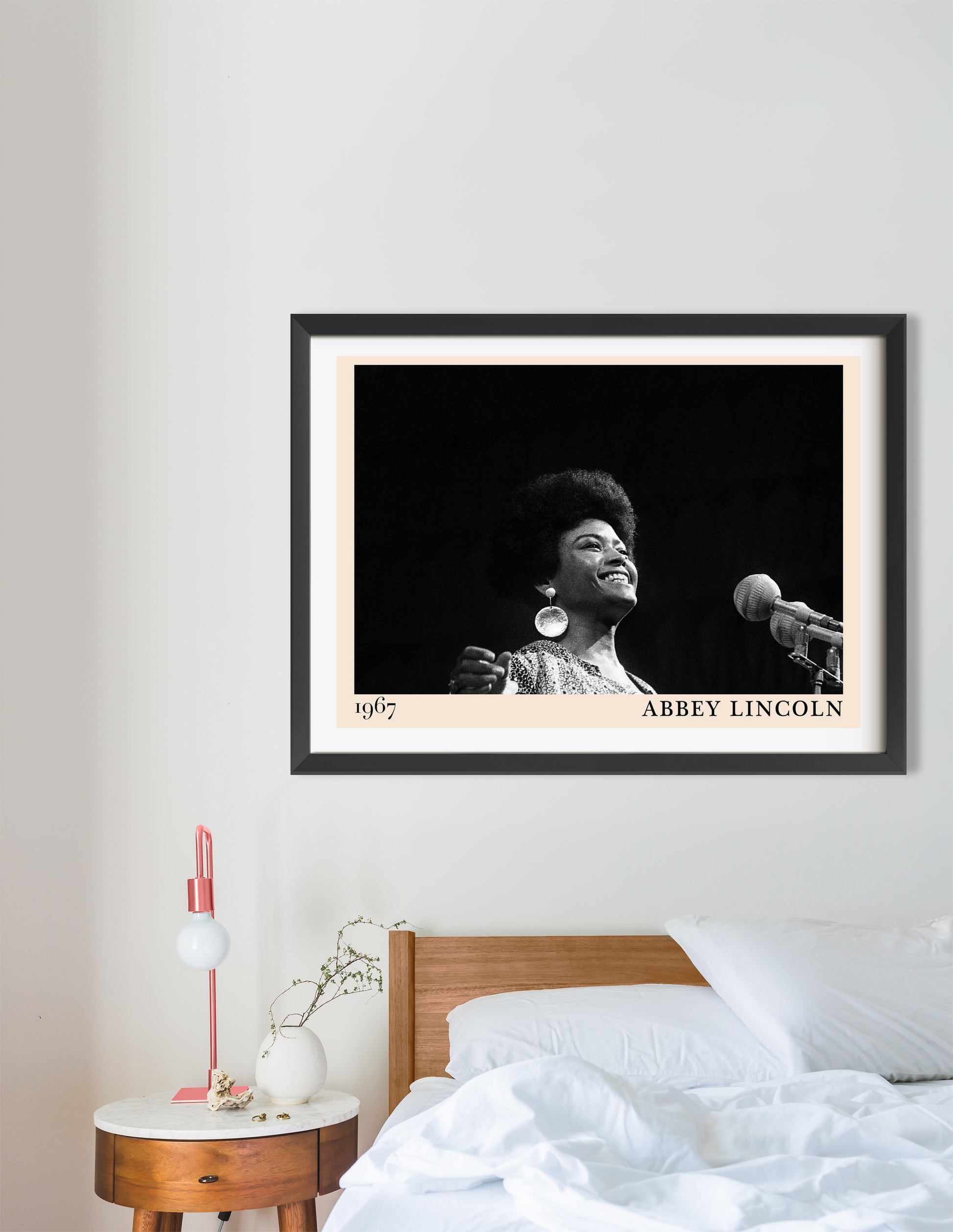 Abbey Lincoln Retro Jazz Poster in landscape 16 mount mockup above modern bed, black and white singer portrait, minimalist ro