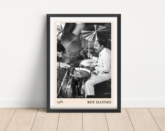 Roy Haynes Jazz Concert Poster in a portrait mount mockup, black frame on wood floor, features vintage 1981 drum performance.