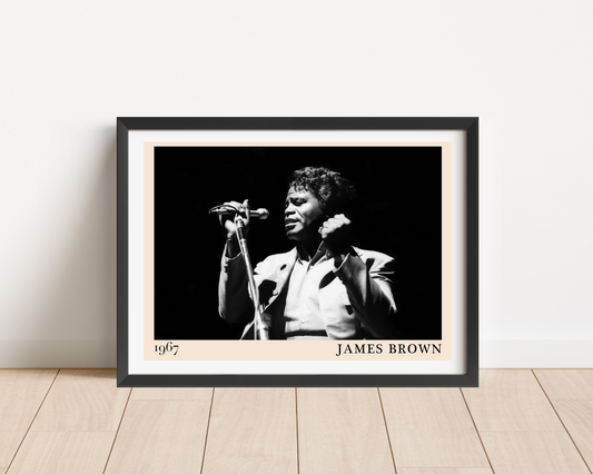 James Brown Retro Soul Poster in landscape mount mockup, black and white portrait design framed on a wooden floor against wal