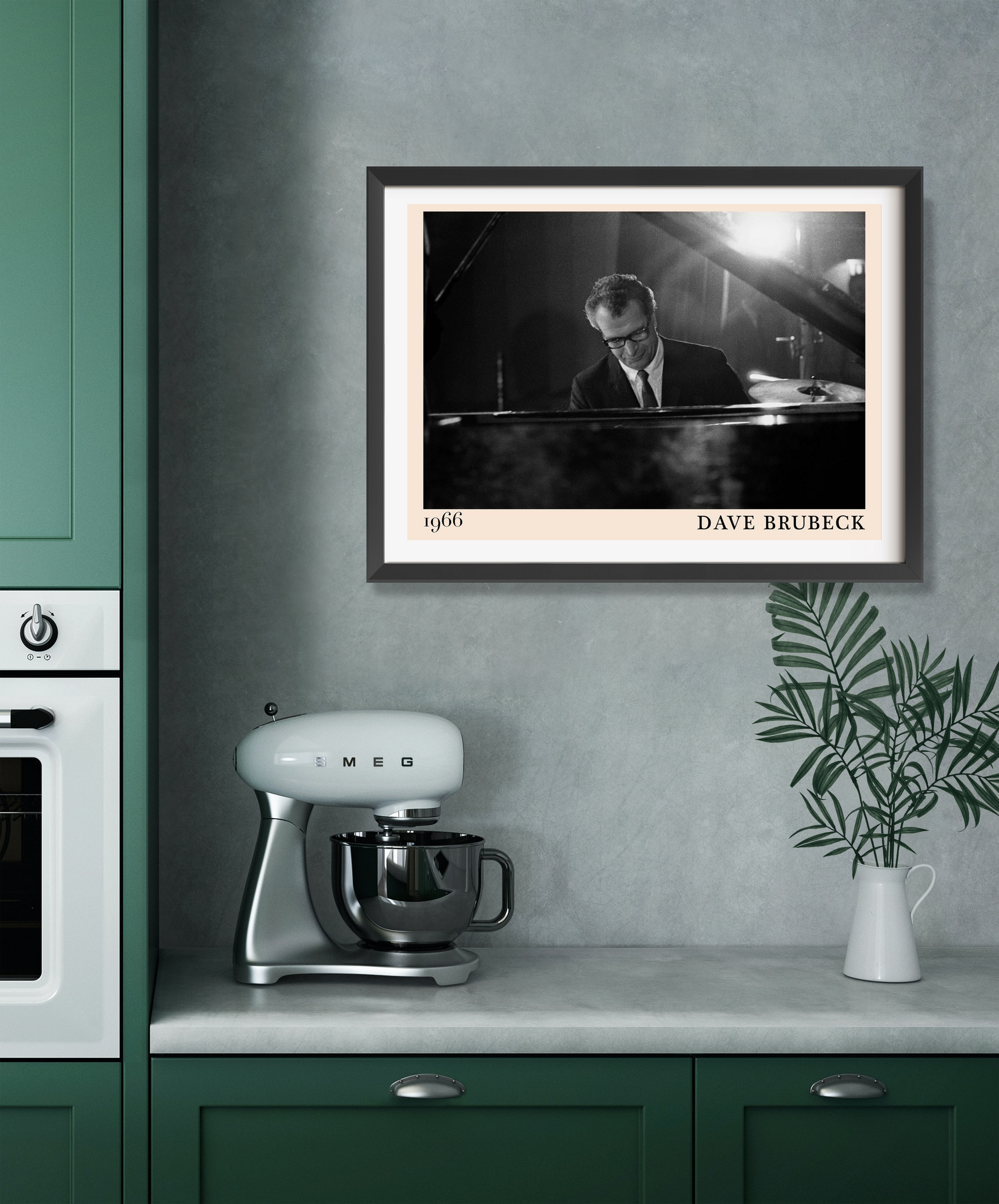 Dave Brubeck Retro Jazz Poster in a landscape 22 mount, black and white jazz pianist design above a modern kitchen counter.