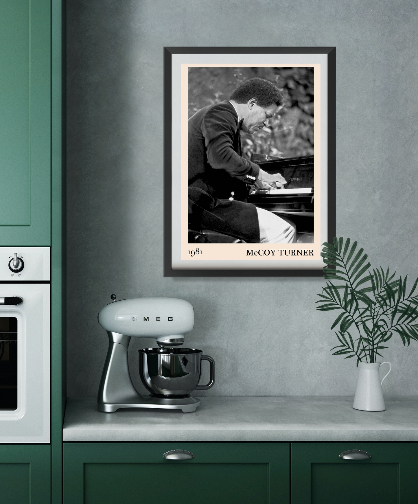 McCoy Turner Jazz Piano Print in portrait mount displayed on a modern kitchen wall above counter, monochrome musician artwork