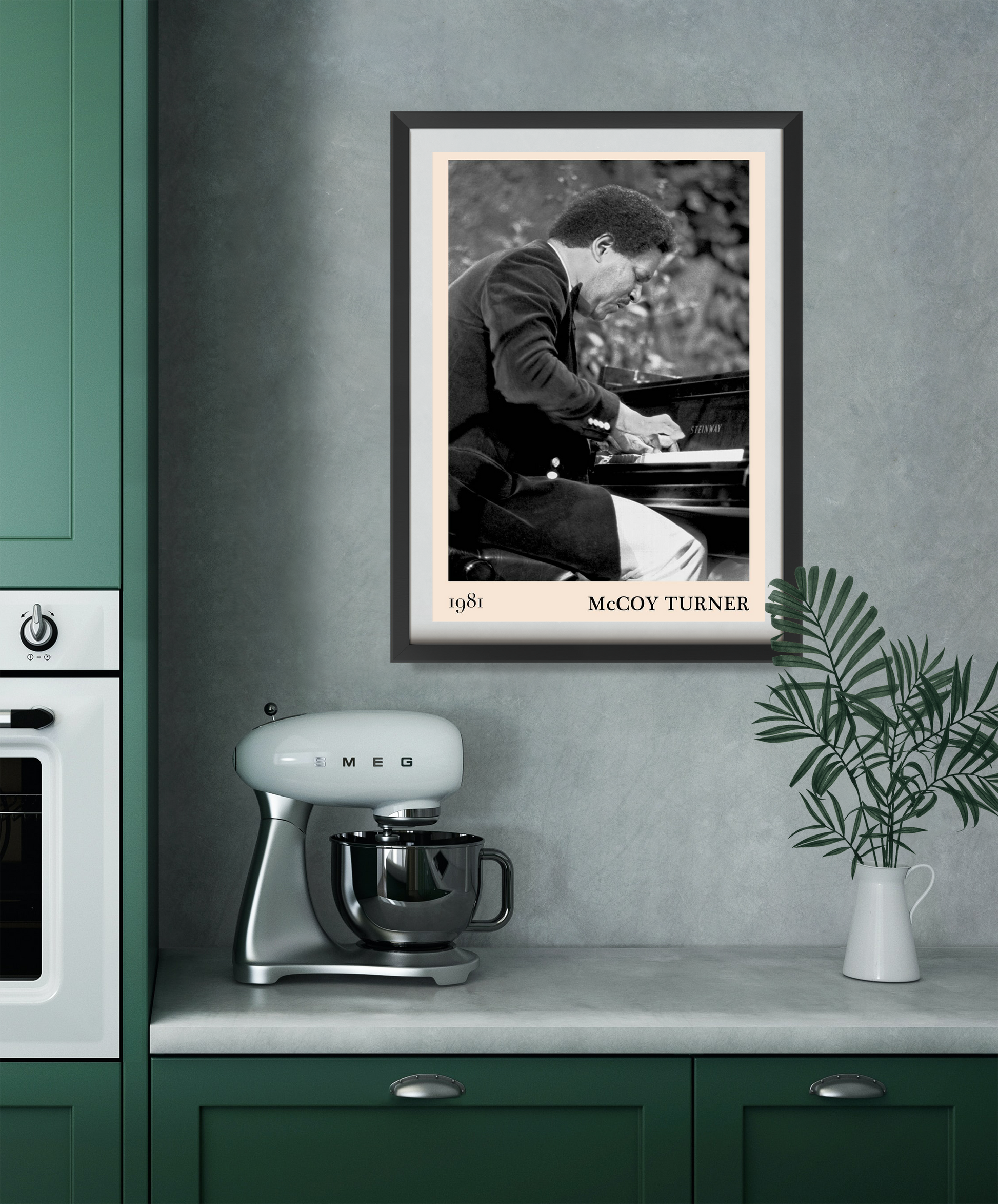 McCoy Turner Jazz Piano Print in portrait mount displayed on a modern kitchen wall above counter, monochrome musician artwork