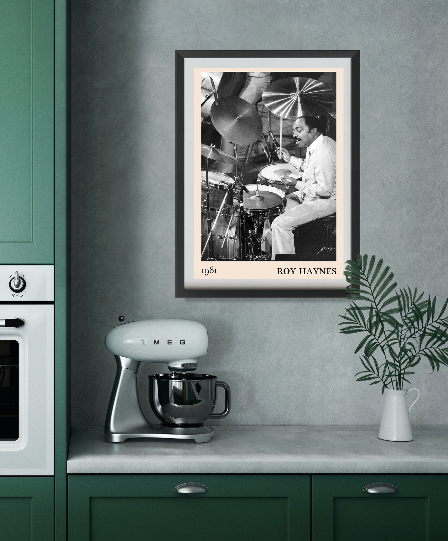 Roy Haynes Jazz Concert Poster in Portrait 22 Mount mockup, black and white drummer design above modern kitchen counter.