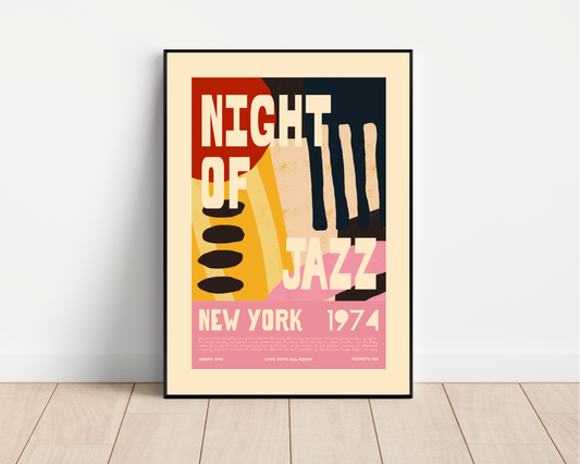 Retro Jazz Poster - Night of Jazz New York 1974 Abstract Wall Art Print - Mockup