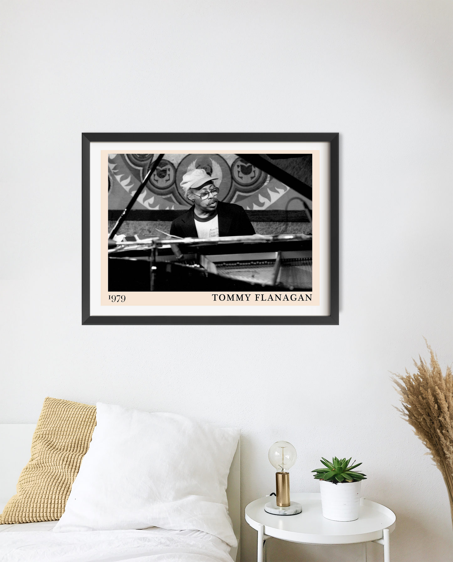 Landscape 20 Mount mockup featuring Tommy Flanagan framed wall art above a modern bed, minimalist decor, black and white desi