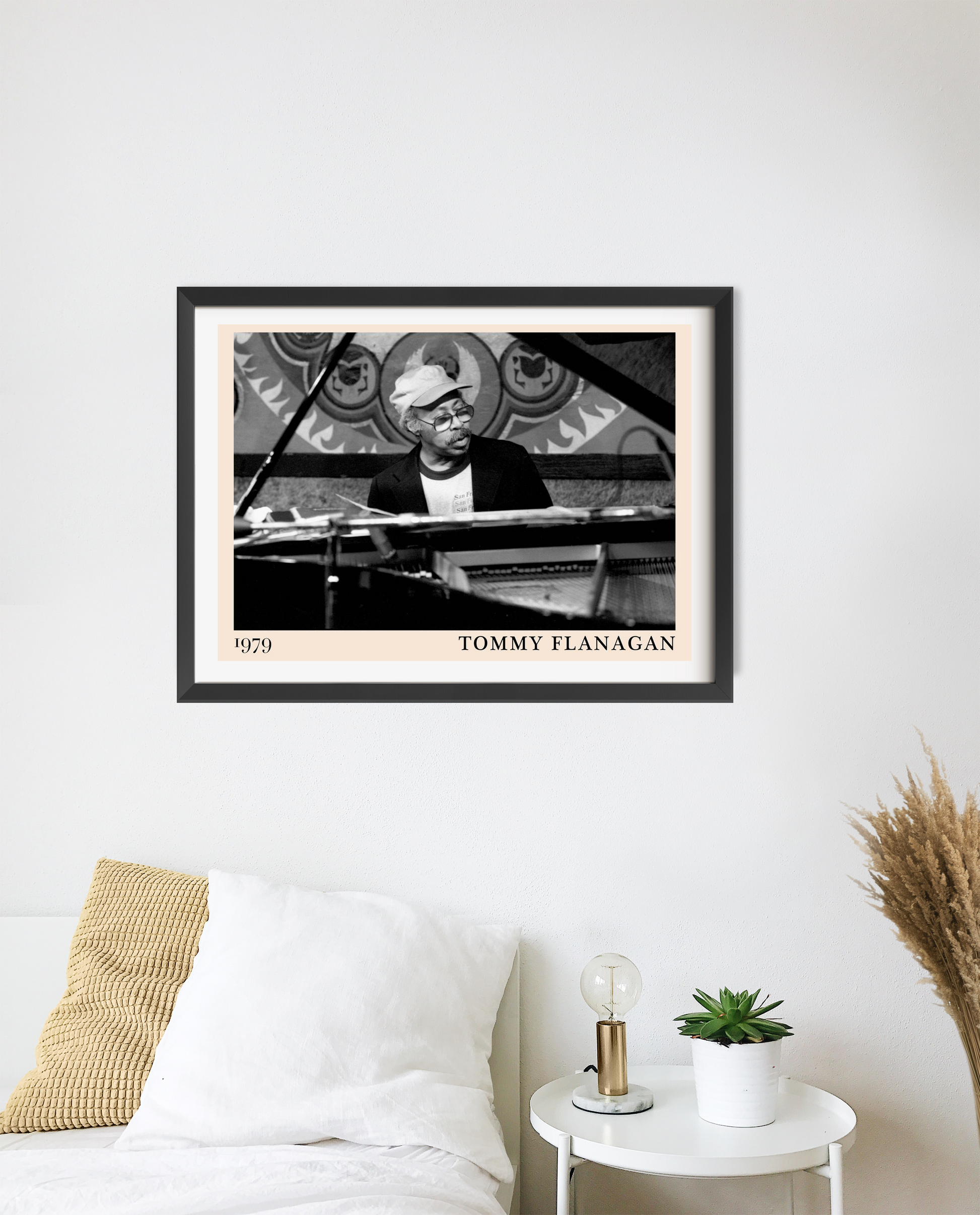 Landscape 20 Mount mockup featuring Tommy Flanagan framed wall art above a modern bed, minimalist decor, black and white desi