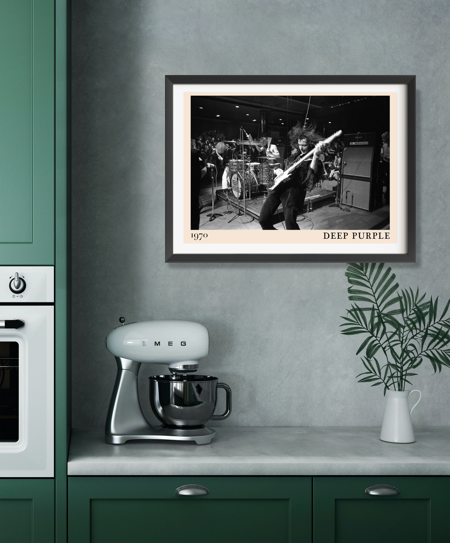 Deep Purple Rock Concert Poster in landscape 22 mount mockup, black and white band photo framed on modern kitchen wall.