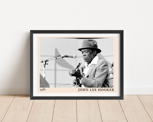 John Lee Hooker Blues Poster in landscape main mount mockup, black frame on wood floor, vintage black and white design