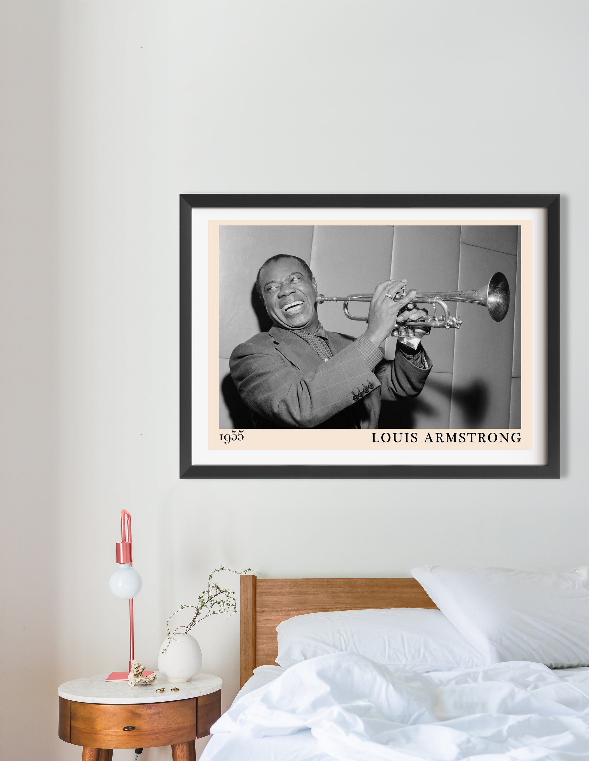 Louis Armstrong Retro Concert Poster in landscape 16 mount above a wooden bed, featuring a black and white jazz design.