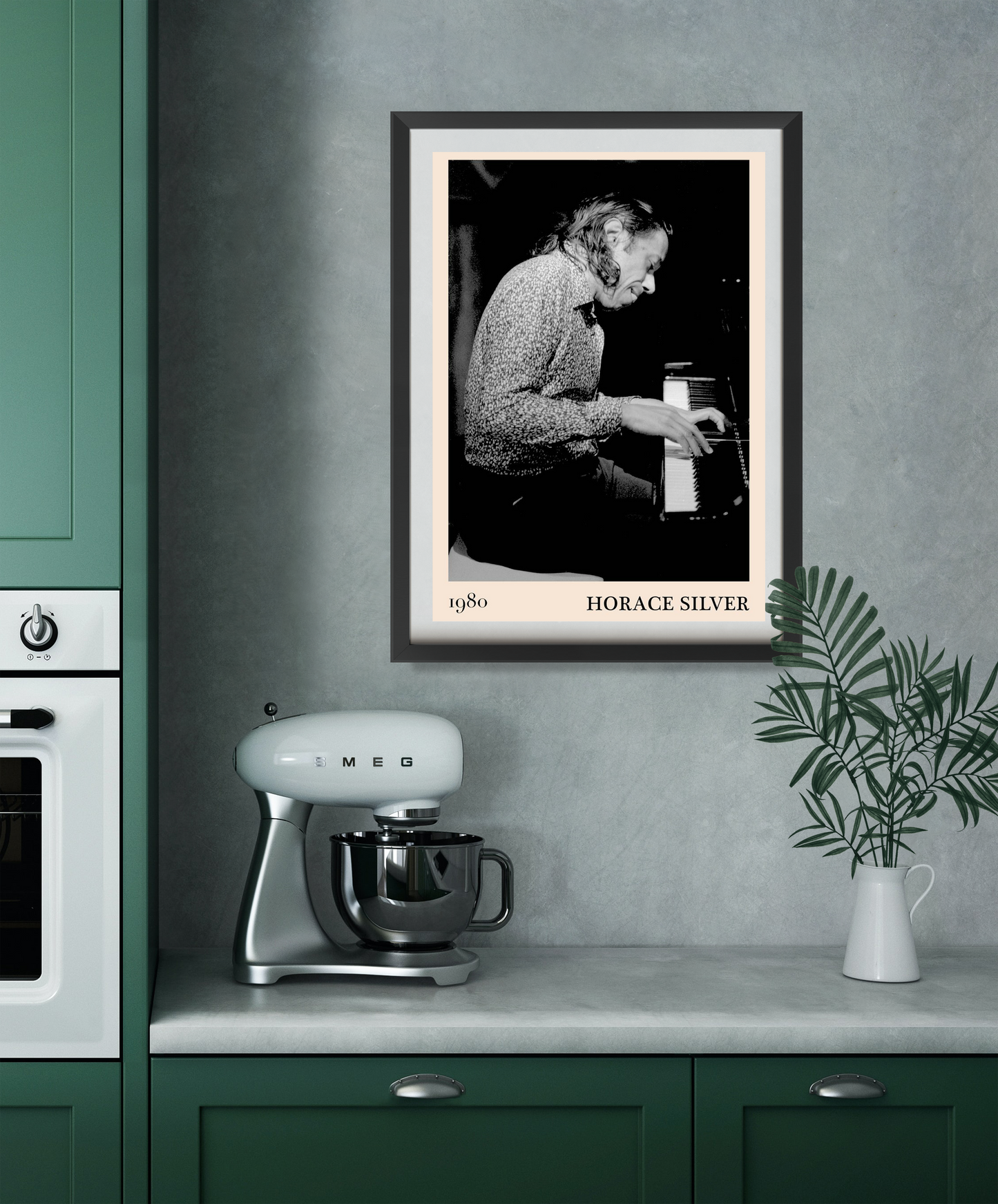 Horace Silver Classic Jazz Print in a black frame, portrait 22 mount, displayed above a modern kitchen counter with mixer and
