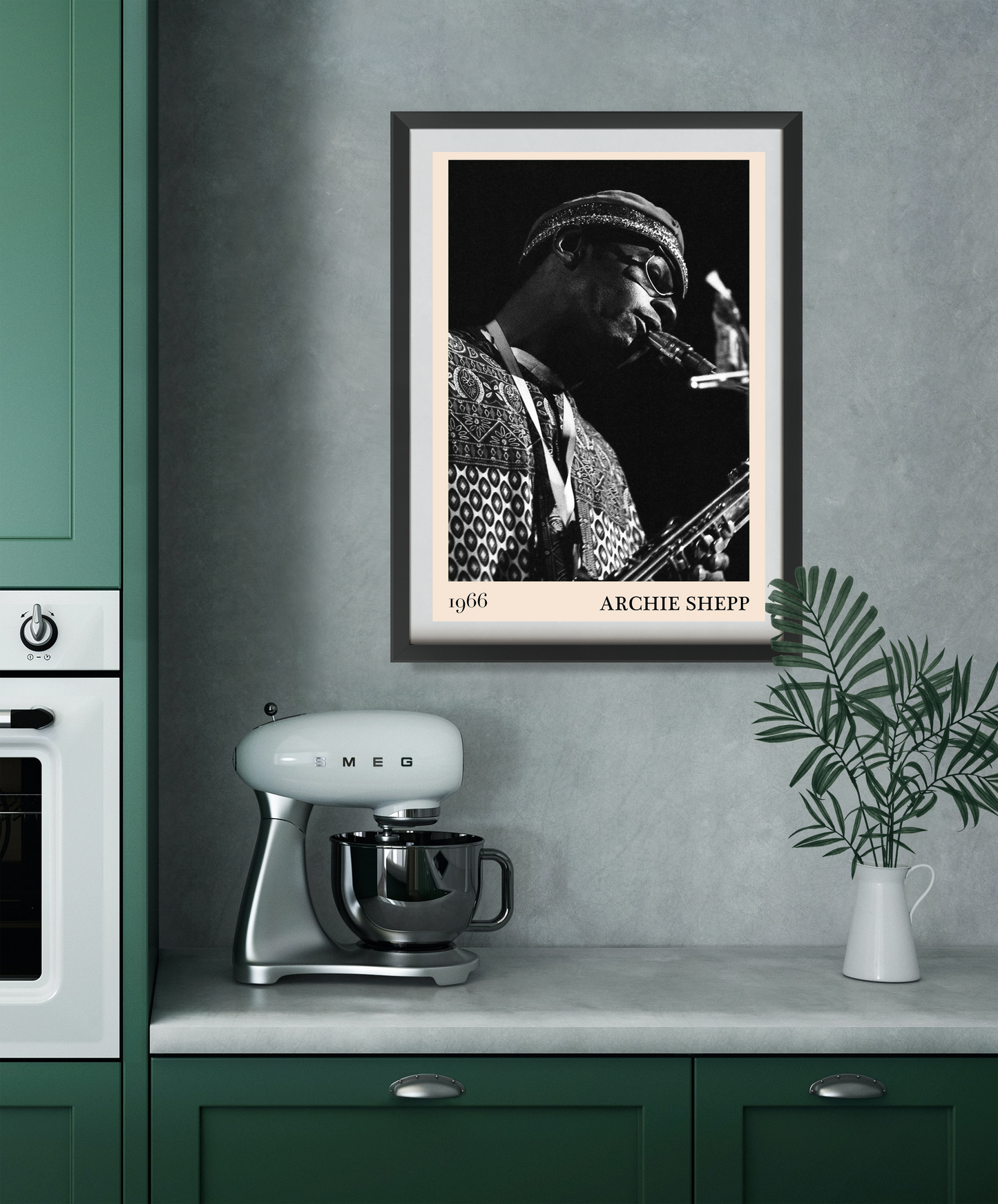 Archie Shepp Jazz Concert Poster in portrait 22 mount mockup, black and white saxophonist design above green kitchen counter.