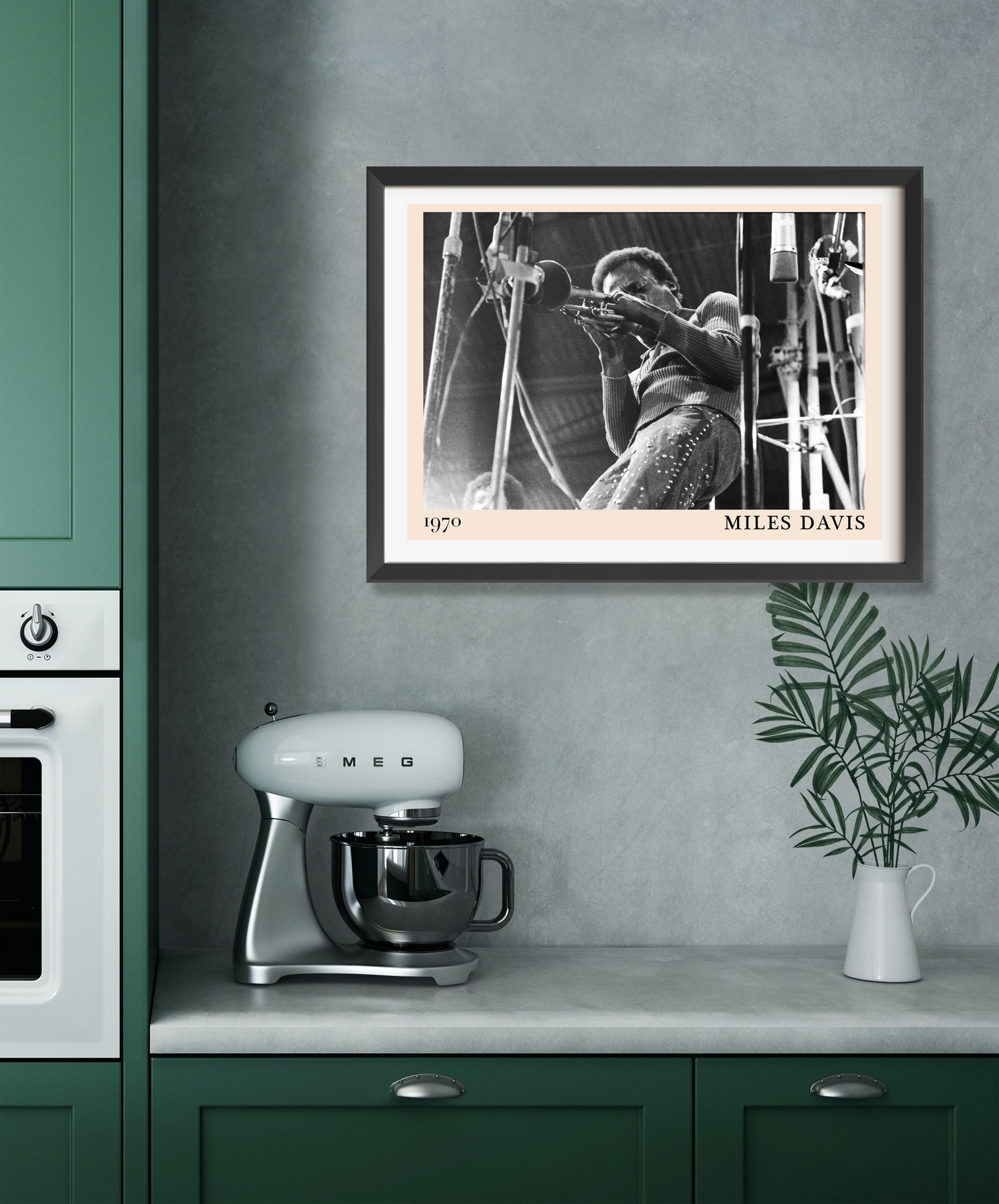 Miles Davis Jazz Concert Poster in landscape 22 mount mockup, black-and-white design above modern kitchen counter decor.