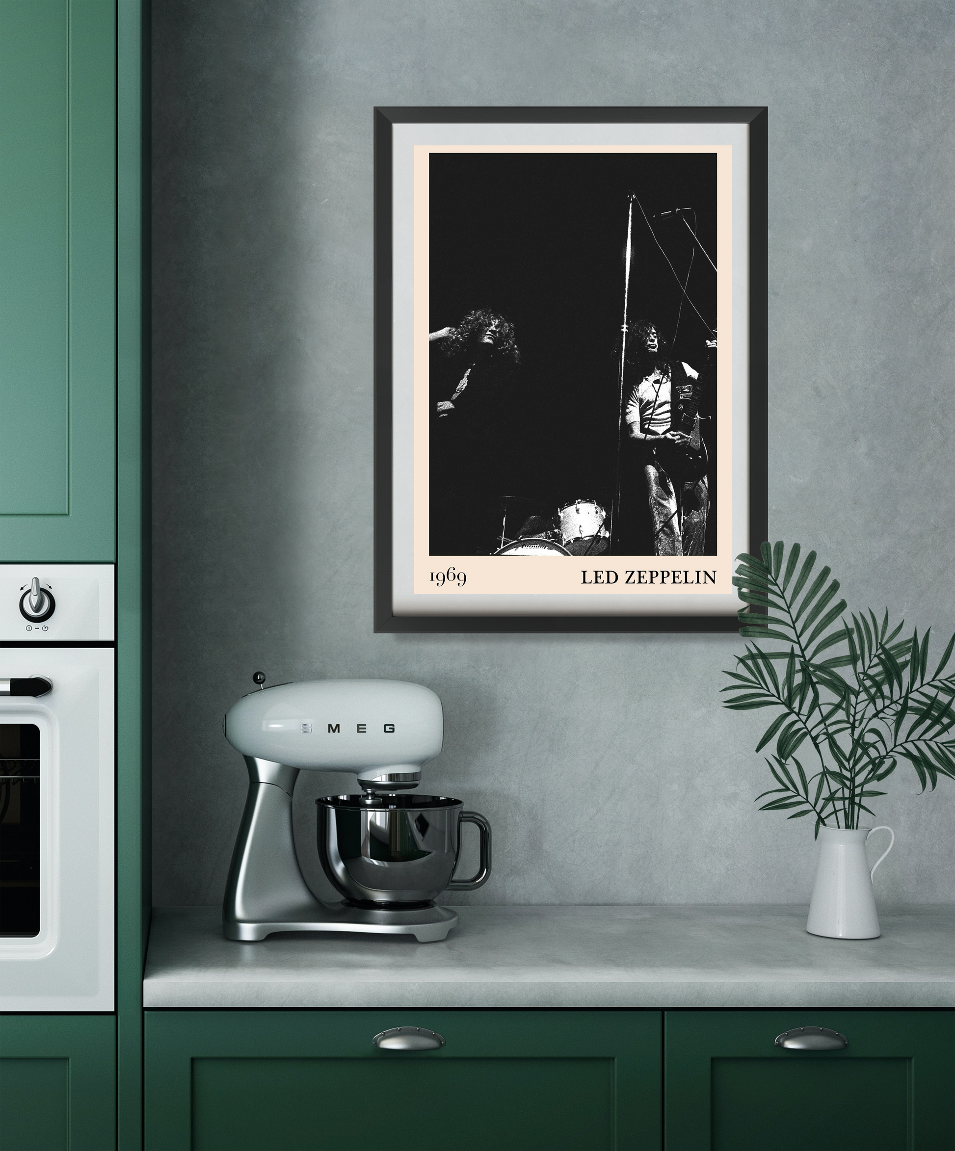 Led Zeppelin vintage rock poster in a Portrait 22 Mount mockup, framed on a kitchen wall above countertop and mixer.