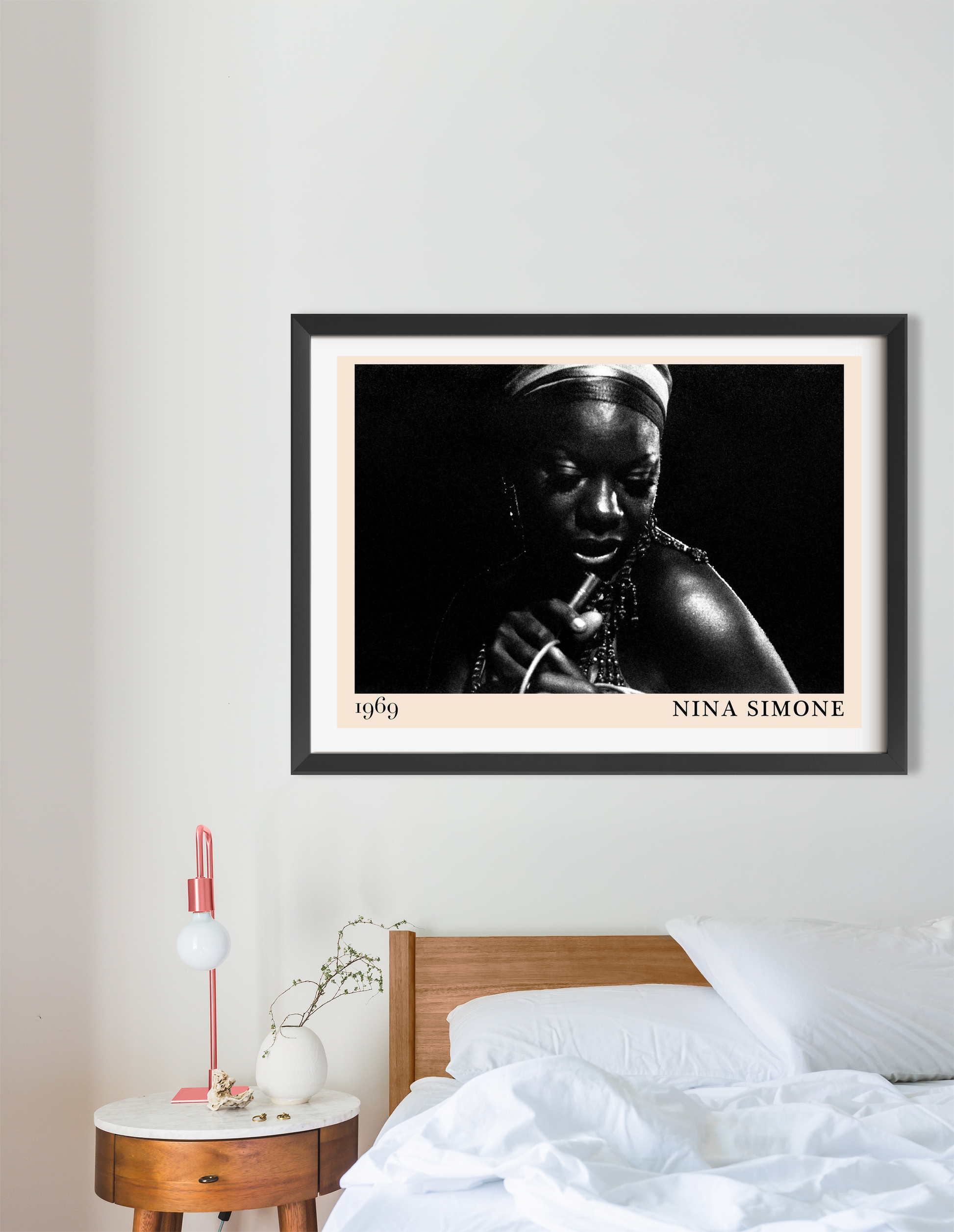Nina Simone Jazz Concert Poster in landscape 16 mount mockup, black and white portrait above modern wooden bed decor.