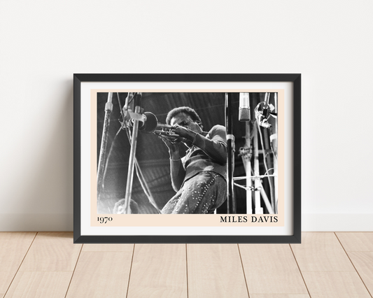 Miles Davis Jazz Concert Poster in landscape frame mockup, black and white trumpet photo, modern minimalist wall art decor