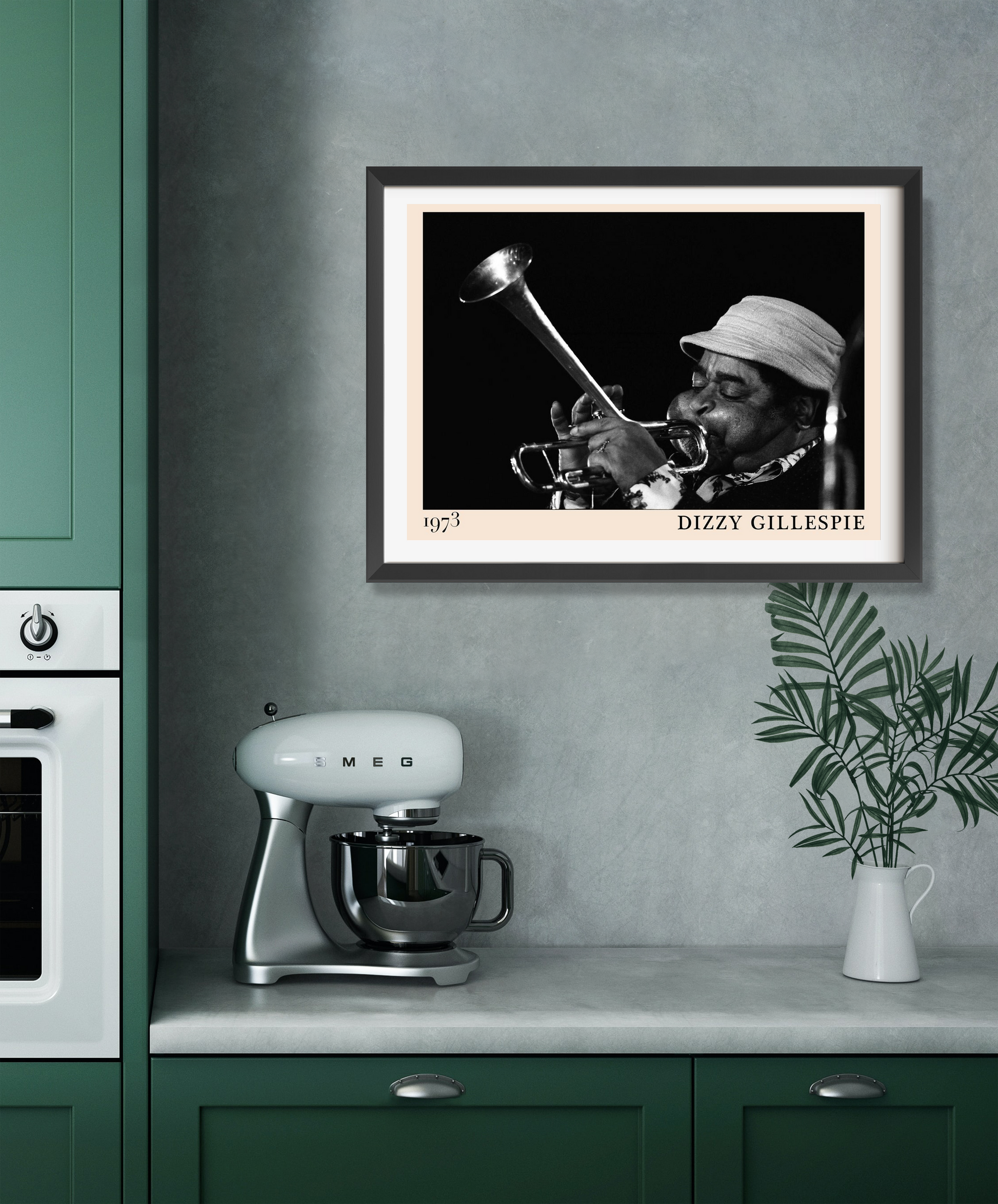 Dizzy Gillespie Jazz Concert Poster in landscape 22 mount mockup, black and white trumpet design above modern kitchen counter