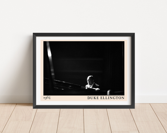 Duke Ellington Jazz Poster in landscape mount mockup, black and white piano portrait, modern frame on wood floor.