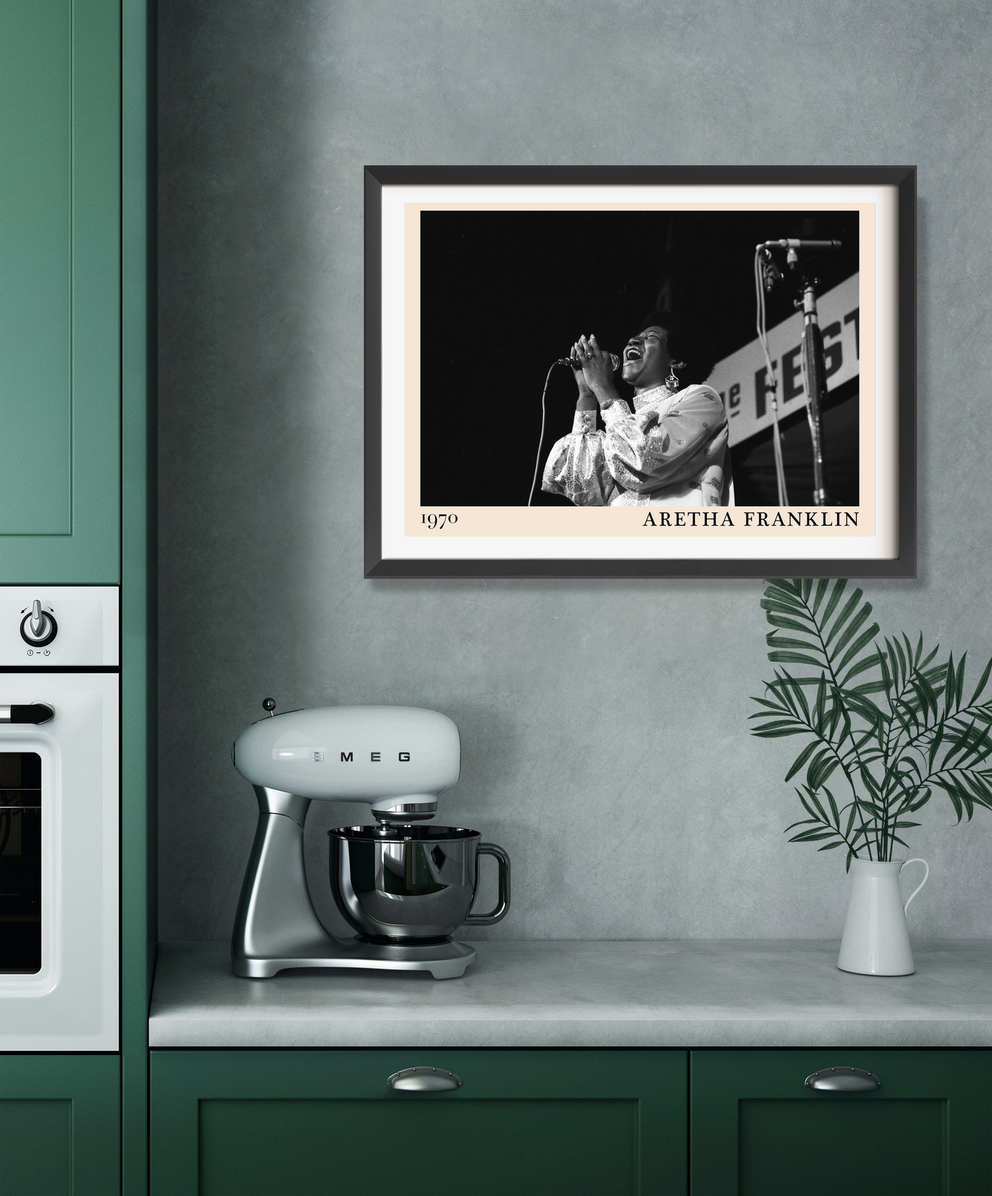 Aretha Franklin vintage jazz poster in landscape frame on modern kitchen wall, black and white singer design, 1970 artwork.